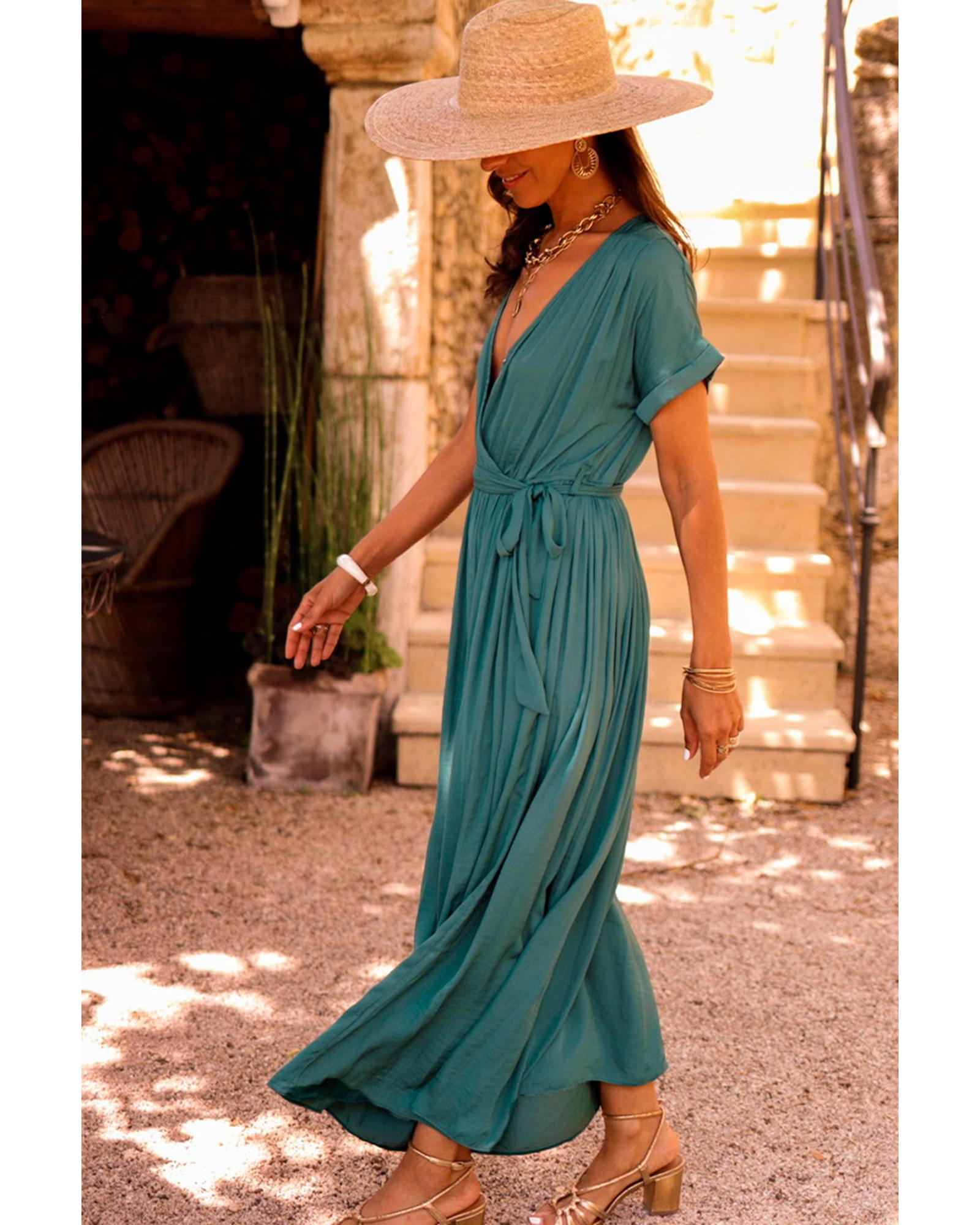 Blackish Green Solid Color V Neck Wrap Pleated Short Sleeve Maxi Dress - M 3