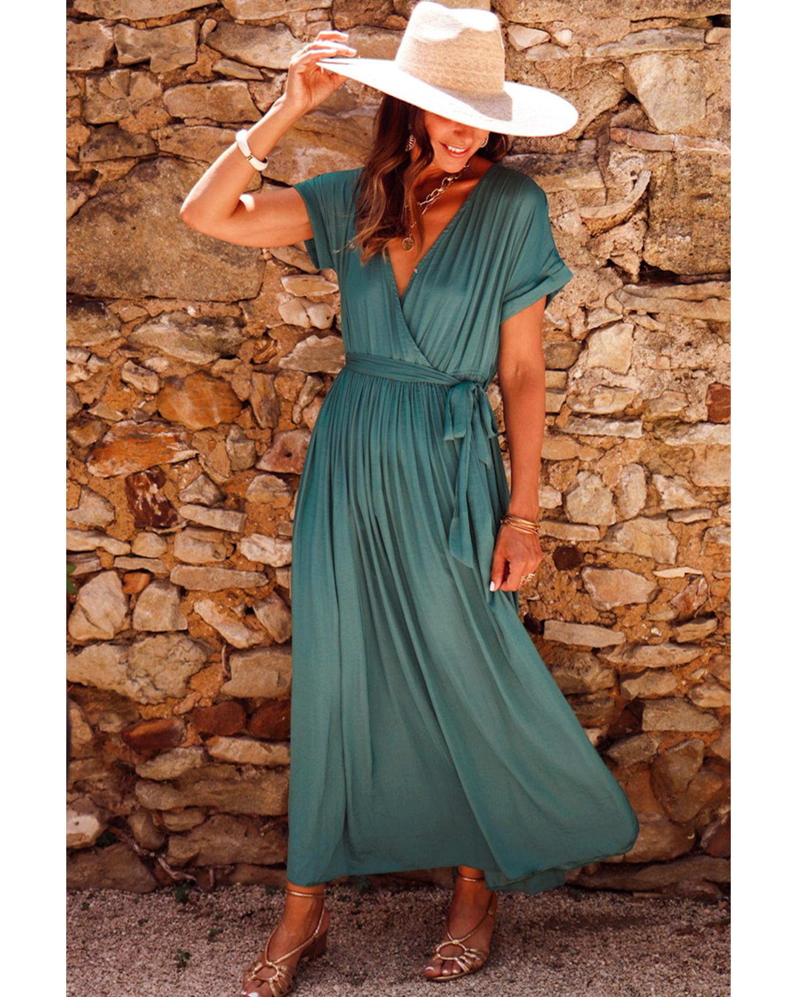 Blackish Green Solid Color V Neck Wrap Pleated Short Sleeve Maxi Dress - M 4