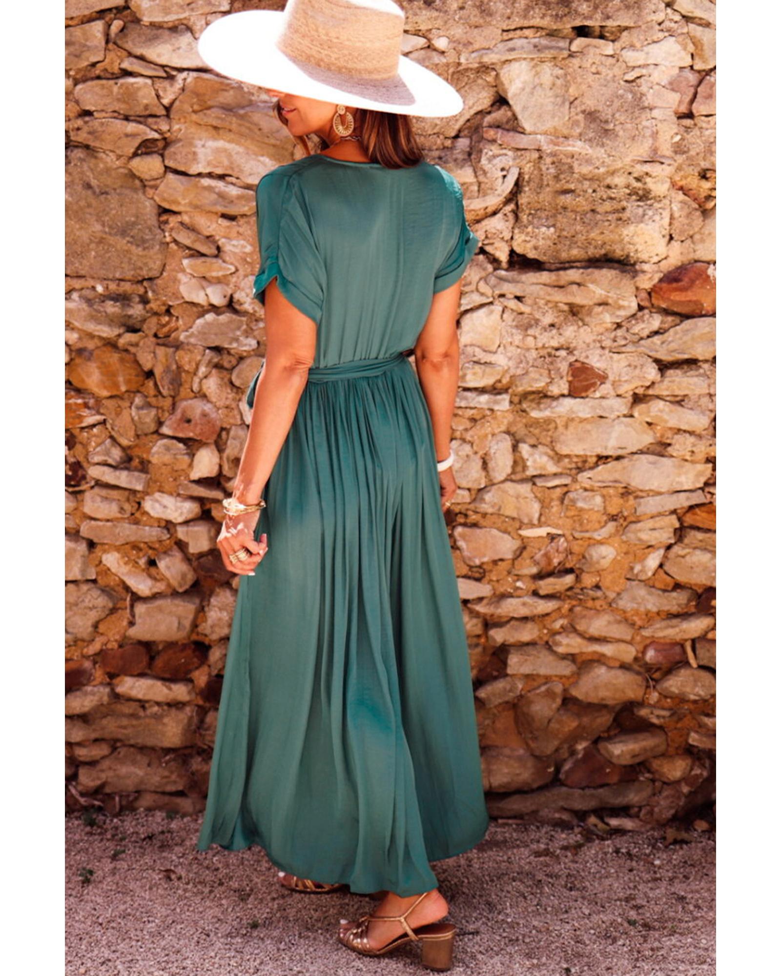 Blackish Green Solid Color V Neck Wrap Pleated Short Sleeve Maxi Dress - M 5