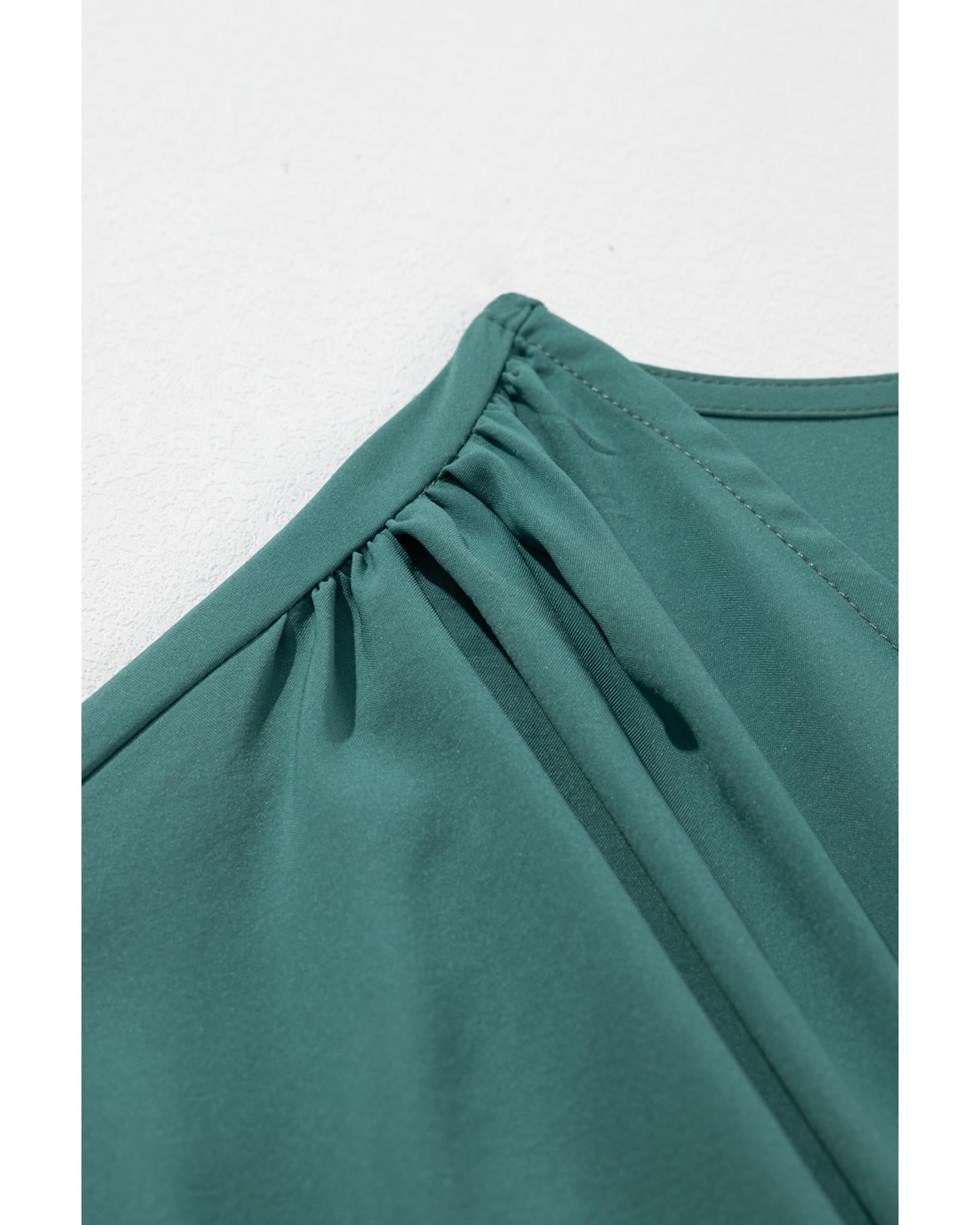 Blackish Green Solid Color V Neck Wrap Pleated Short Sleeve Maxi Dress - M 6