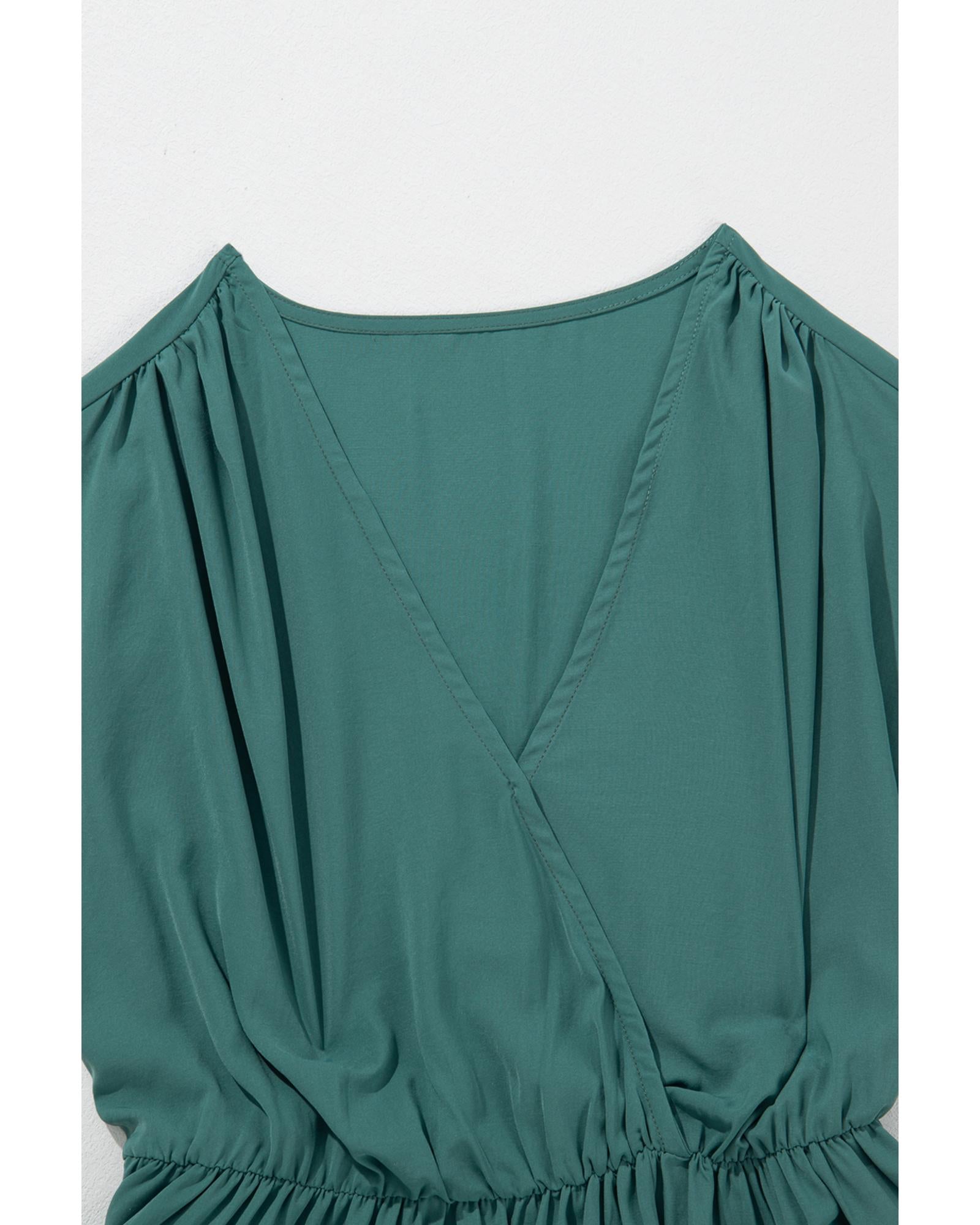 Blackish Green Solid Color V Neck Wrap Pleated Short Sleeve Maxi Dress - M 8