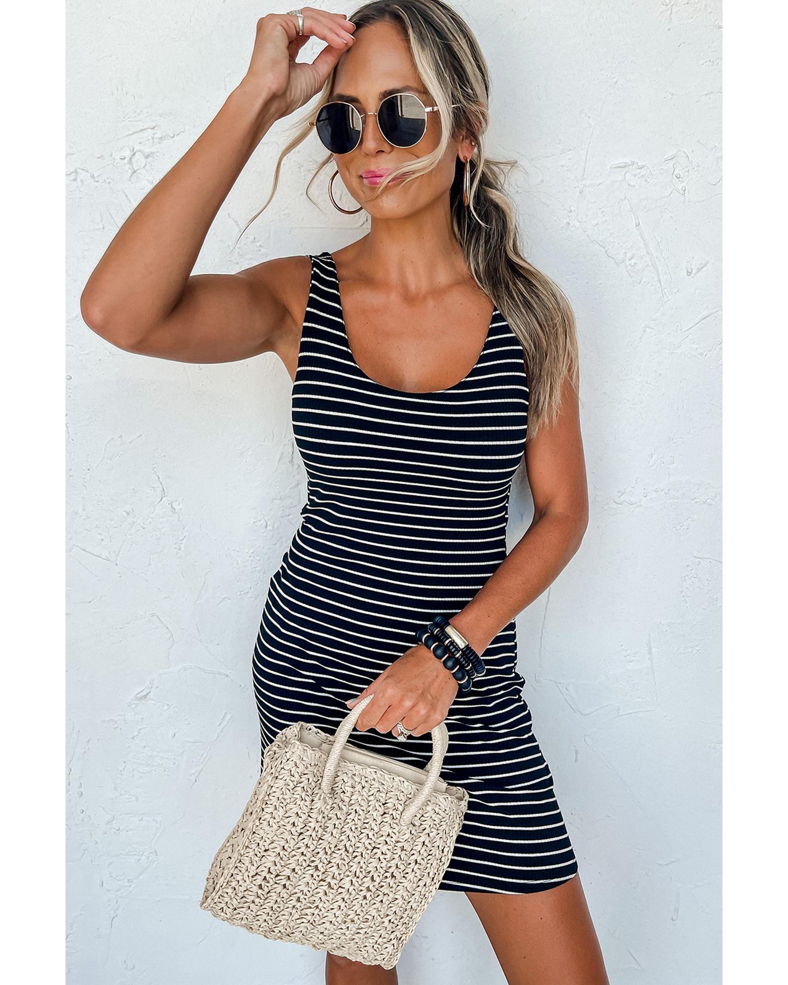 Black Stripe Ribbed Knit Sleeveless Mini Dress - L 3