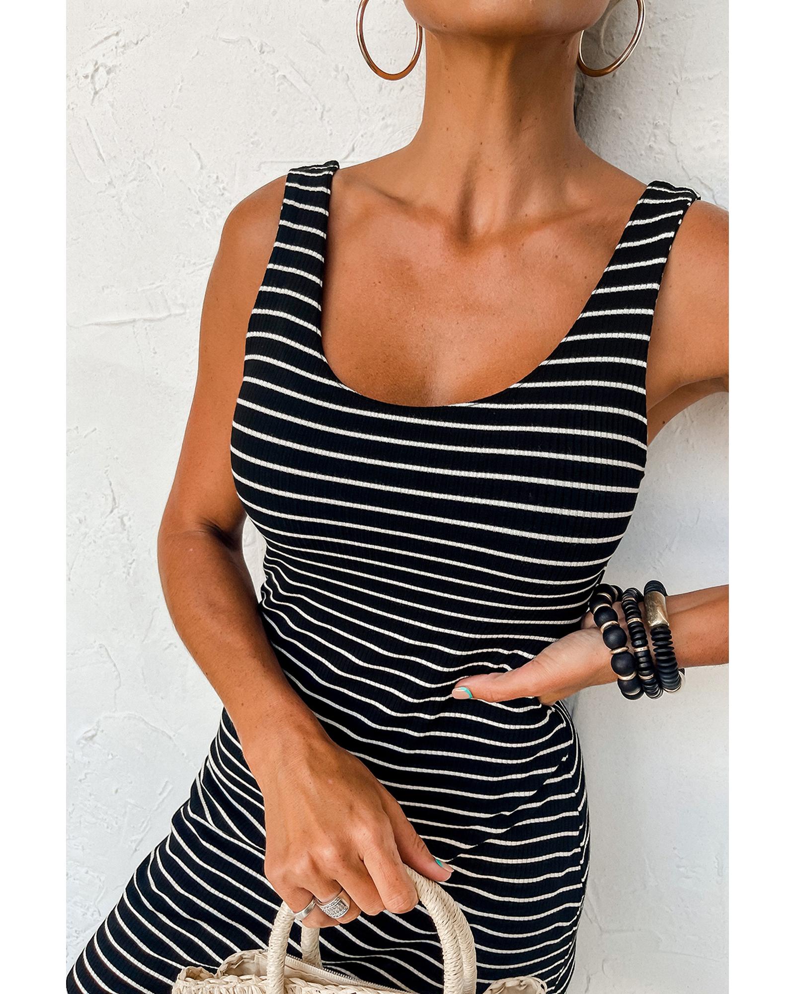Black Stripe Ribbed Knit Sleeveless Mini Dress - L 6