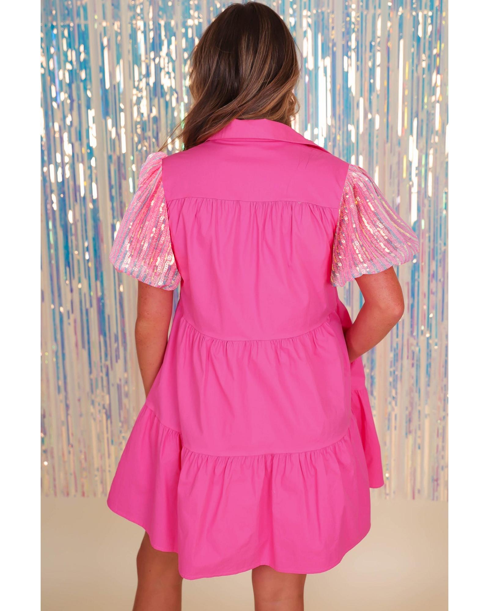 Bonbon Sequined Bubble Sleeve Tiered Ruffled Shirt Dress - M