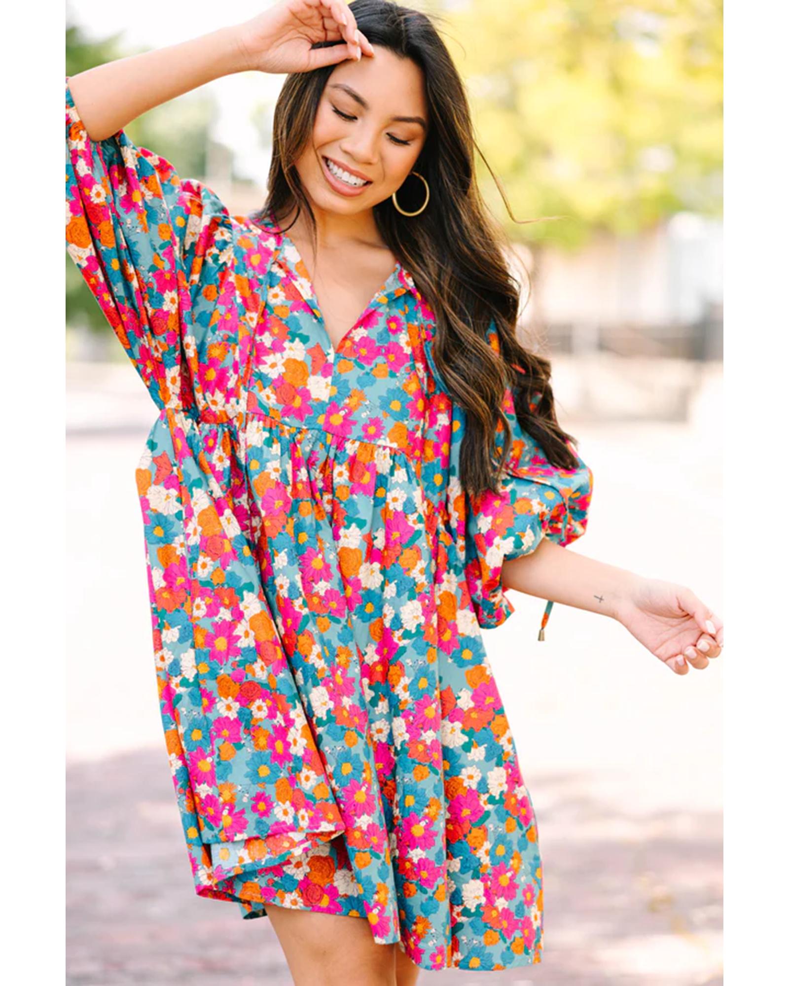 Sky Blue Floral Print Tie Split Neck Bubble Sleeve Babydoll Dress - M