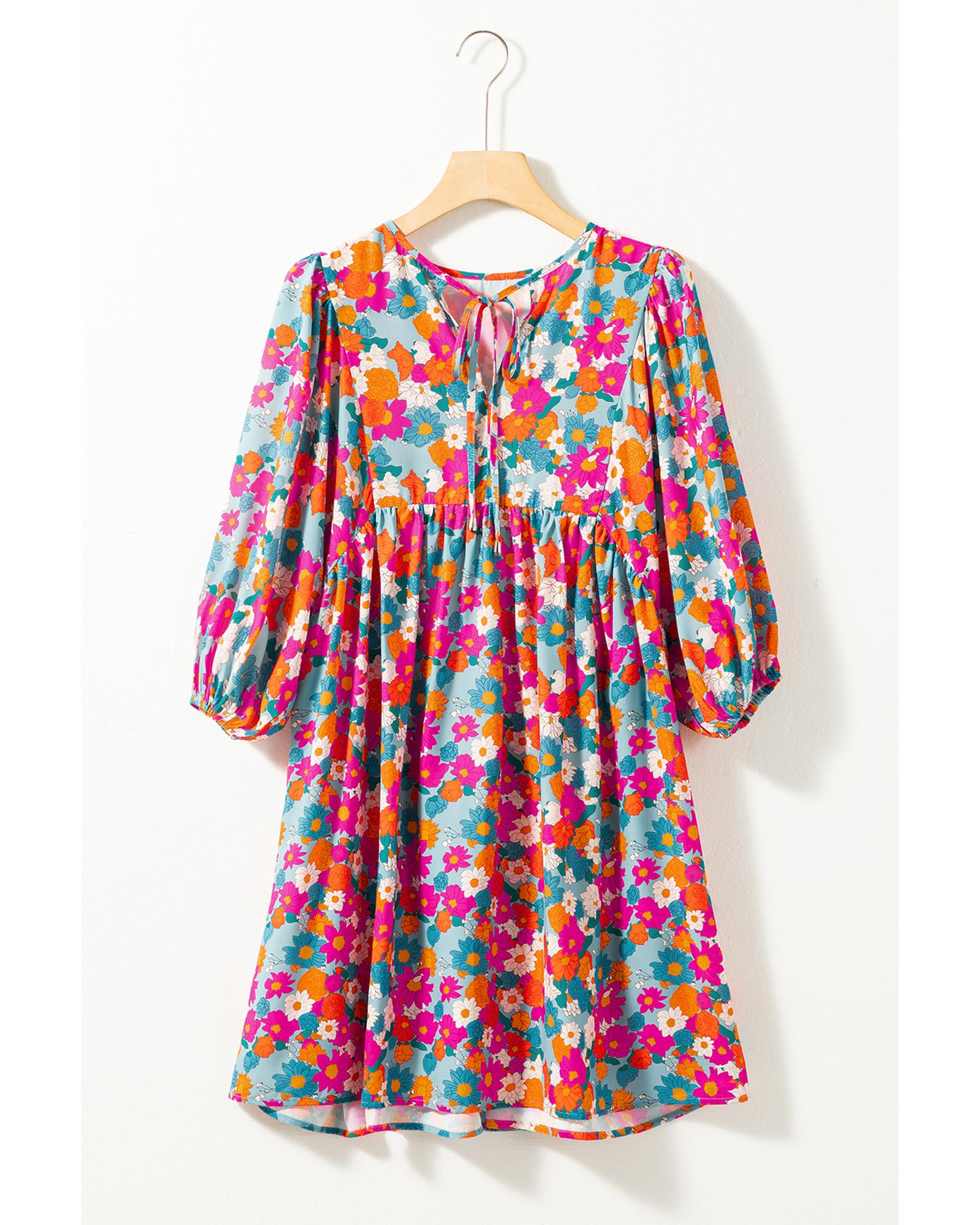 Sky Blue Floral Print Tie Split Neck Bubble Sleeve Babydoll Dress - M 3