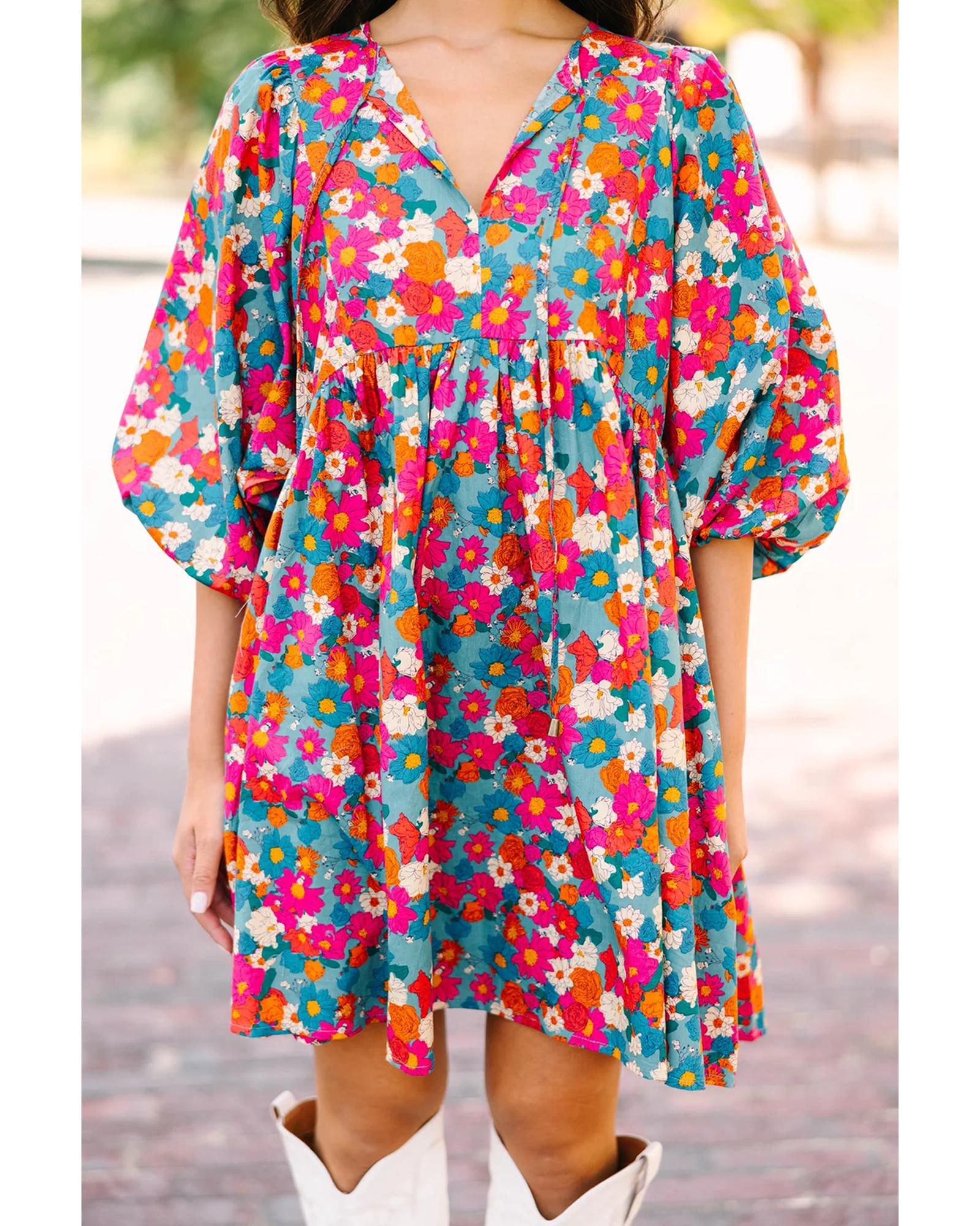 Sky Blue Floral Print Tie Split Neck Bubble Sleeve Babydoll Dress - M 4