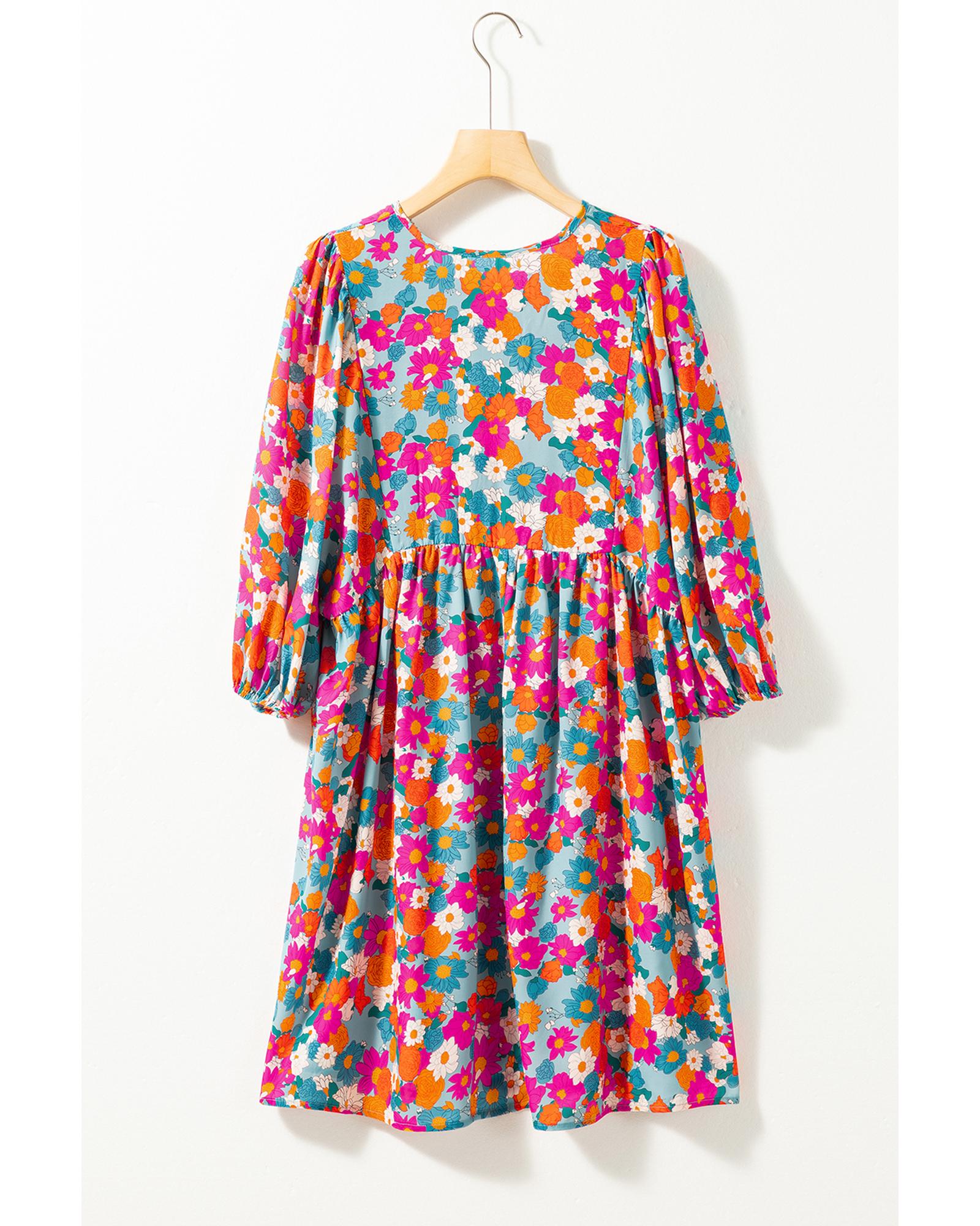 Sky Blue Floral Print Tie Split Neck Bubble Sleeve Babydoll Dress - S 3