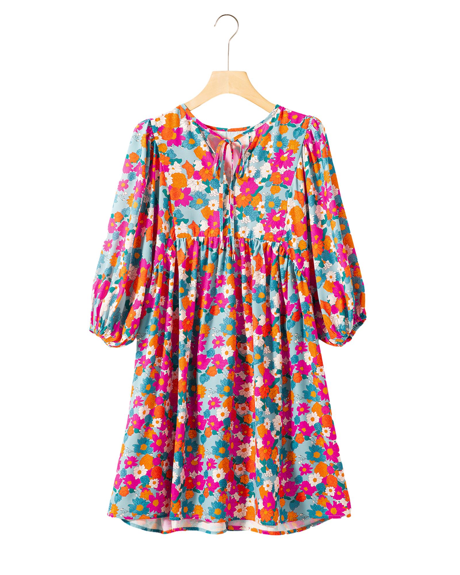 Sky Blue Floral Print Tie Split Neck Bubble Sleeve Babydoll Dress - S 4