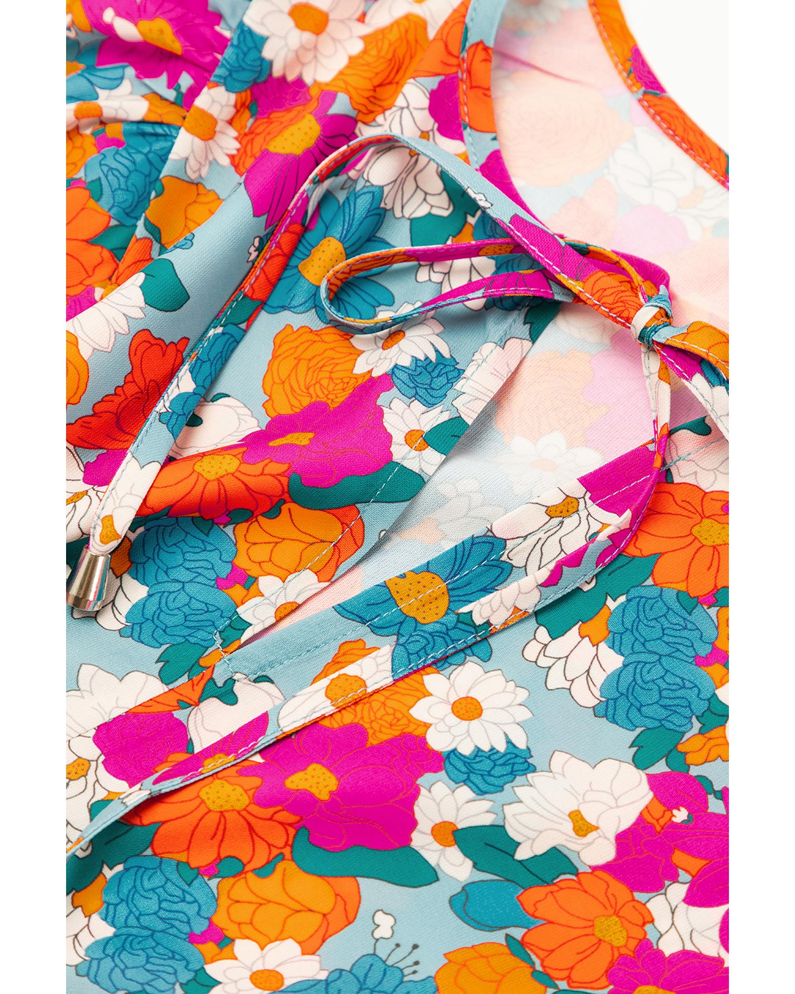 Sky Blue Floral Print Tie Split Neck Bubble Sleeve Babydoll Dress - S 5