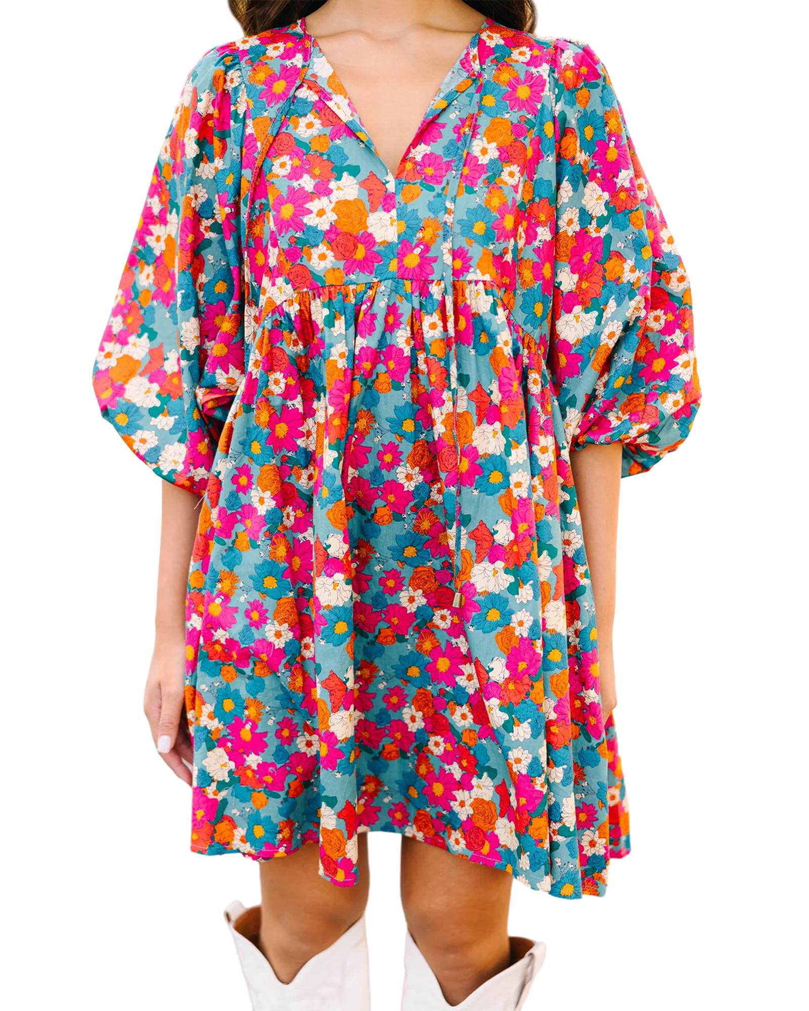 Sky Blue Floral Print Tie Split Neck Bubble Sleeve Babydoll Dress - S 6