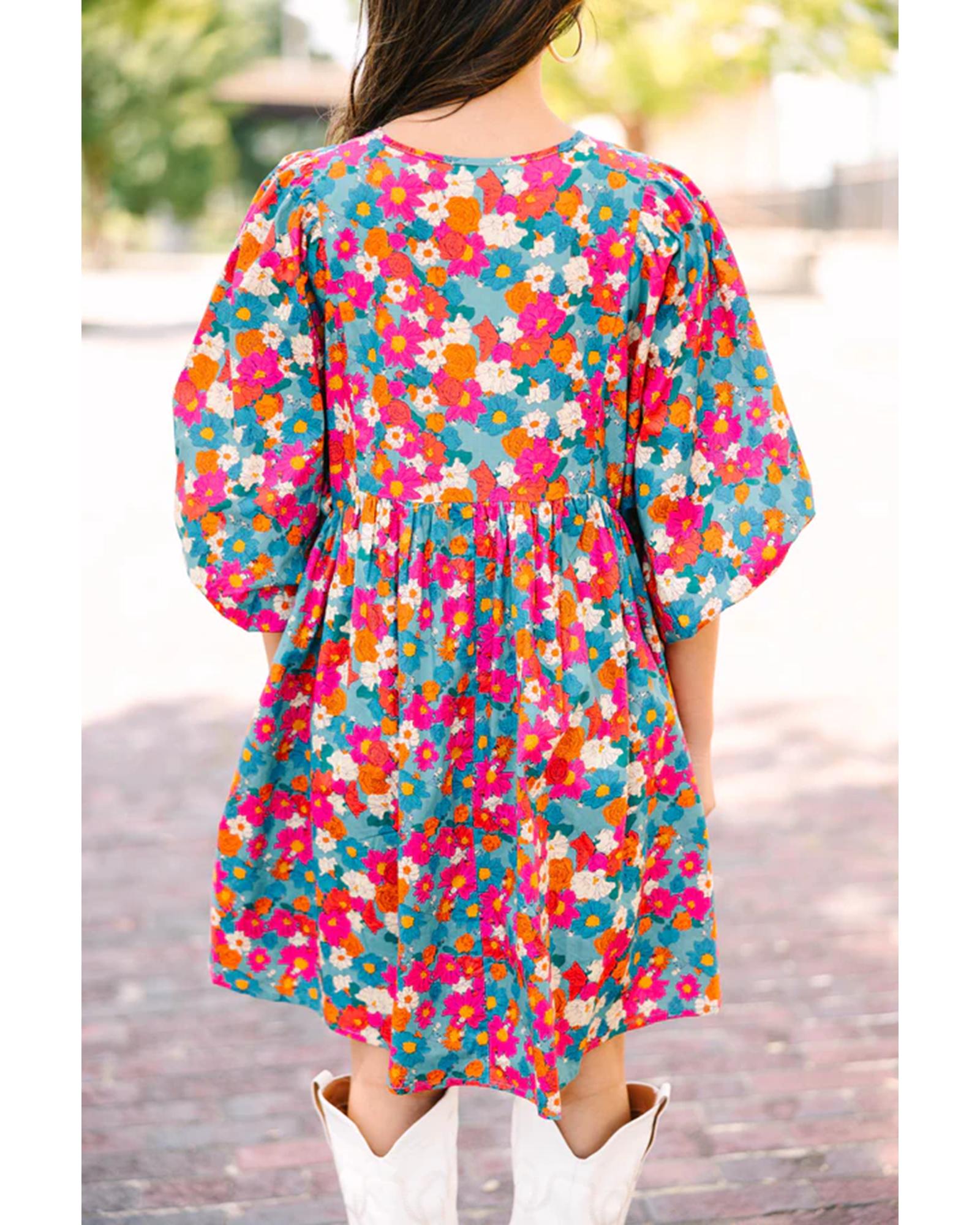 Sky Blue Floral Print Tie Split Neck Bubble Sleeve Babydoll Dress - S 8