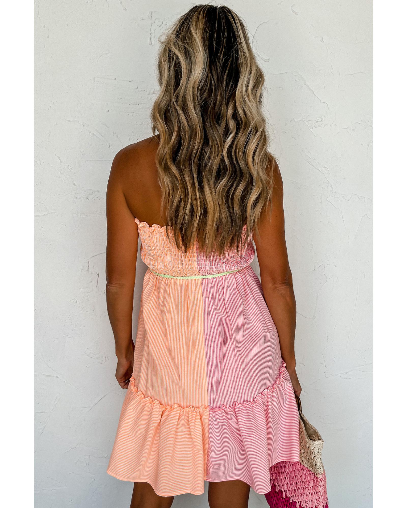 Pink Stripe Color Block Smocked Button Front Frilled Strapless Mini Dress - M