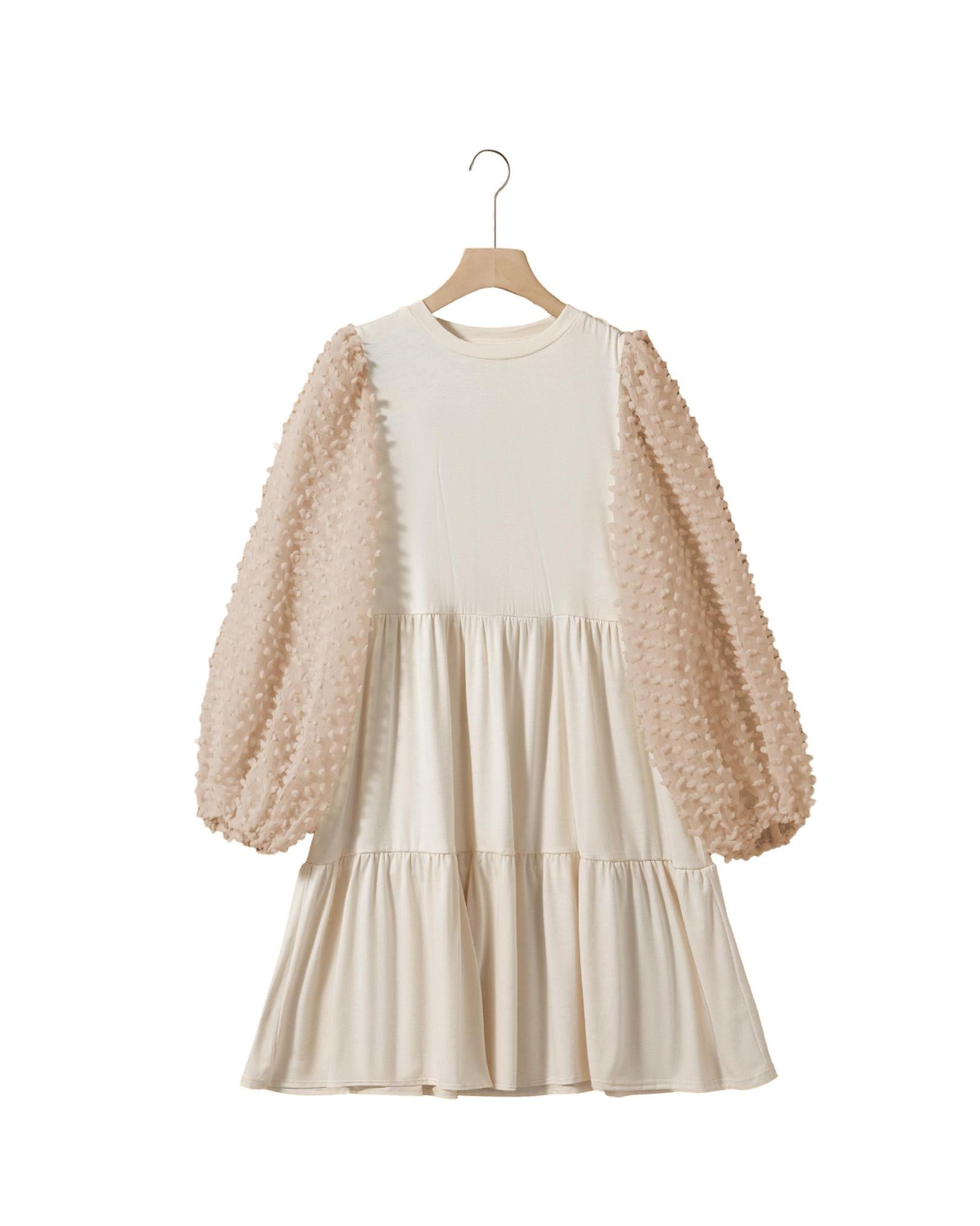 Beige Embellished Puff Sleeve Tiered A-line Dress - L 3