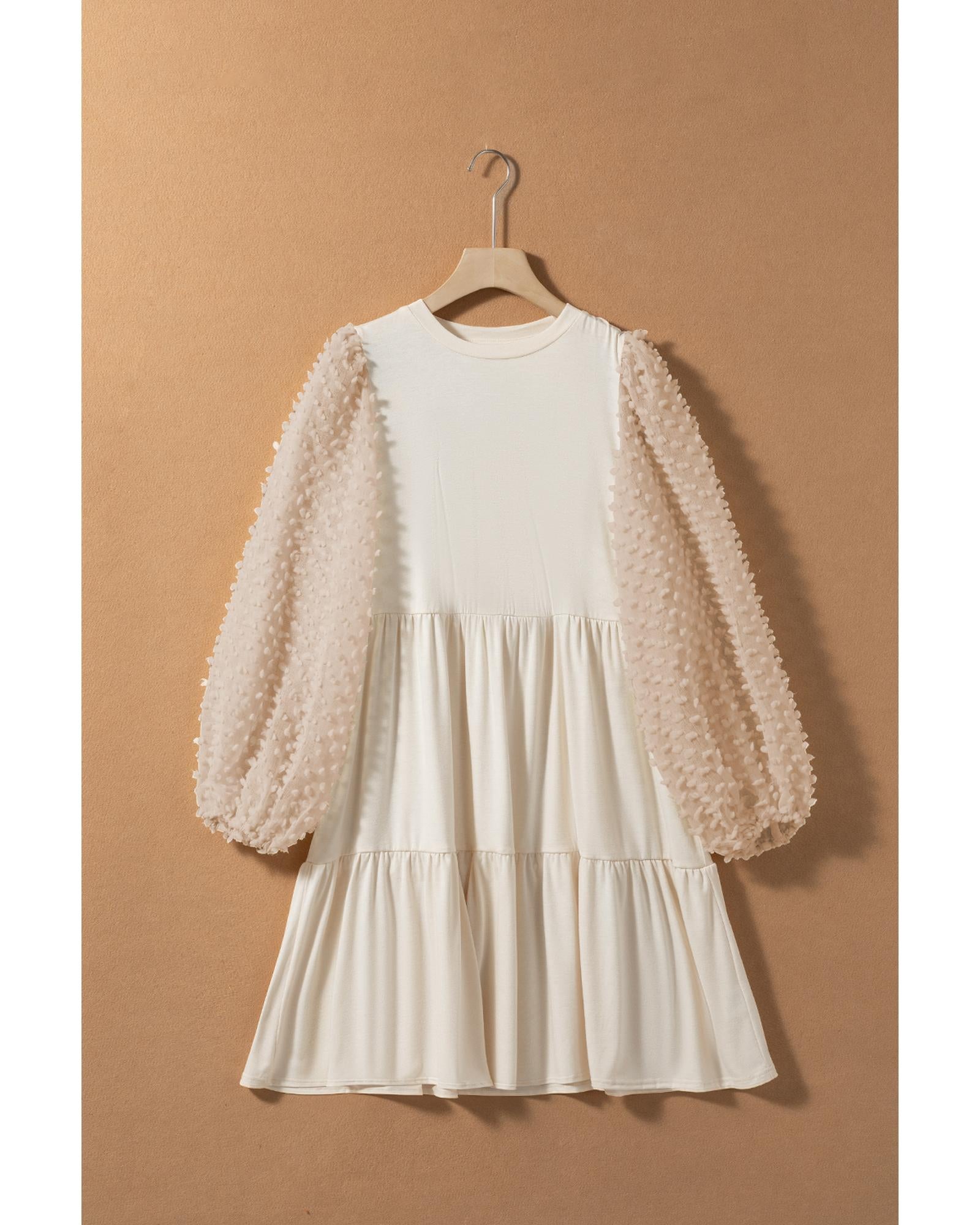 Beige Embellished Puff Sleeve Tiered A-line Dress - L 6