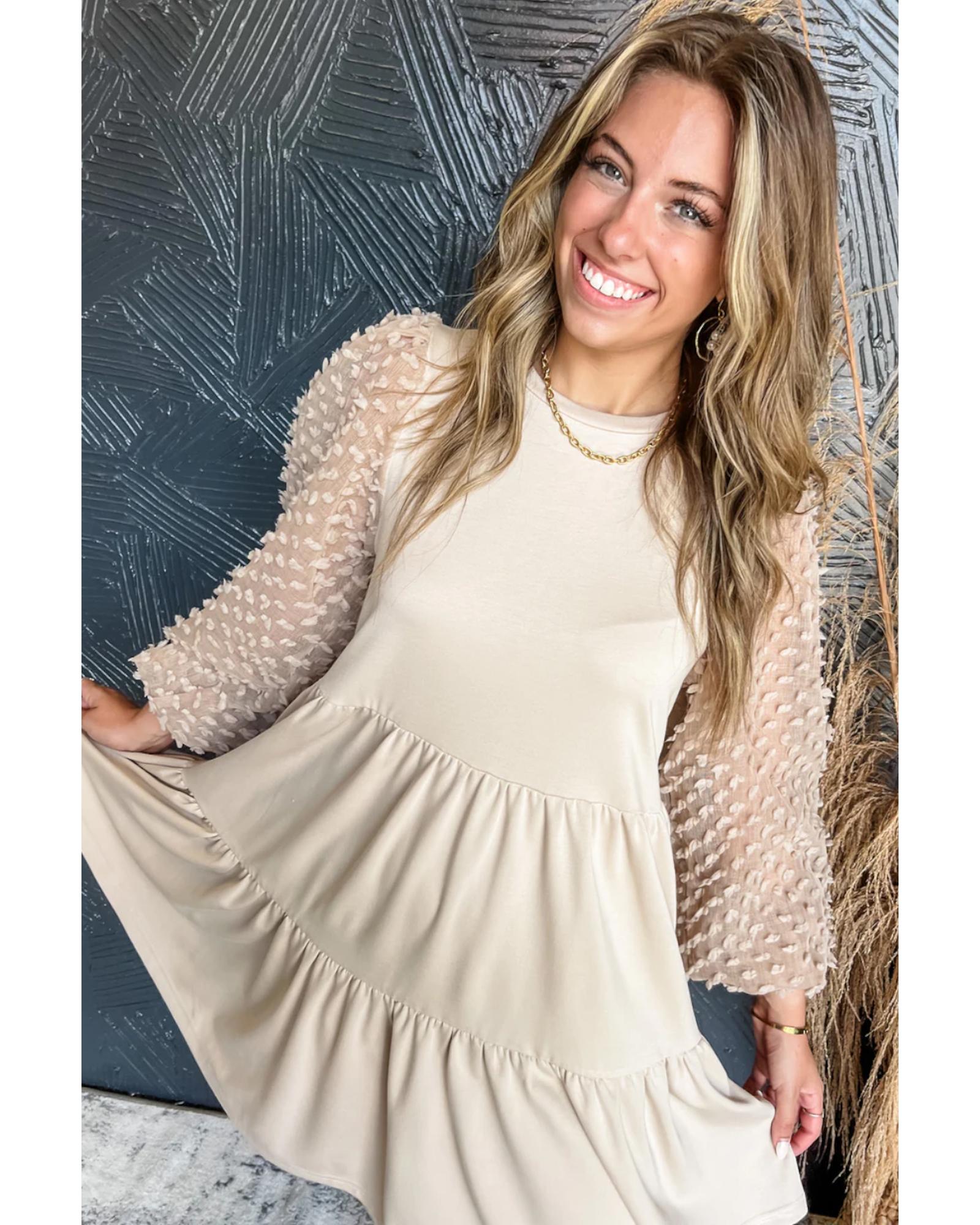 Beige Embellished Puff Sleeve Tiered A-line Dress - L 8
