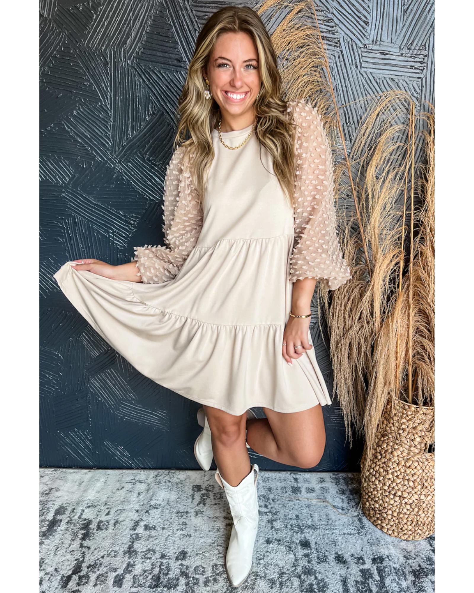 Beige Embellished Puff Sleeve Tiered A-line Dress - S 4
