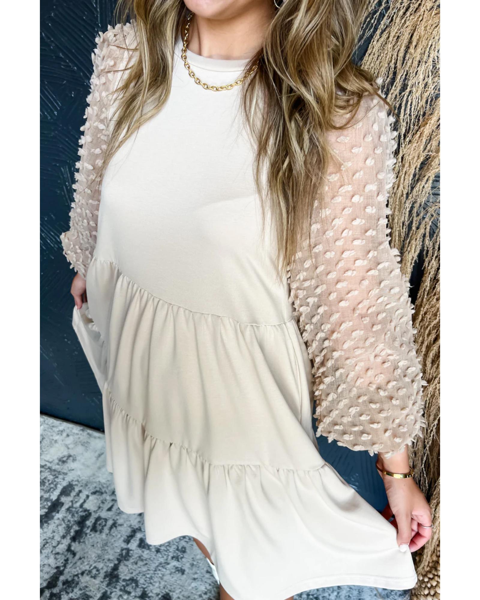 Beige Embellished Puff Sleeve Tiered A-line Dress - S 5