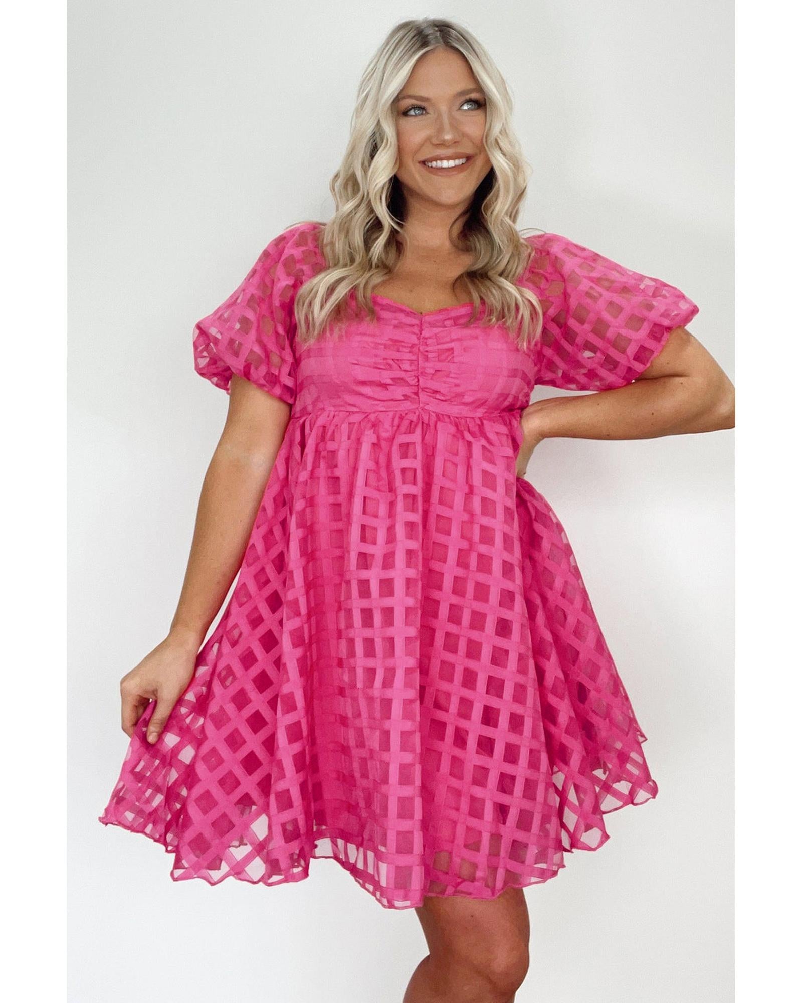 Strawberry Pink Checkered Puff Sleeve Babydoll Dress - L 5