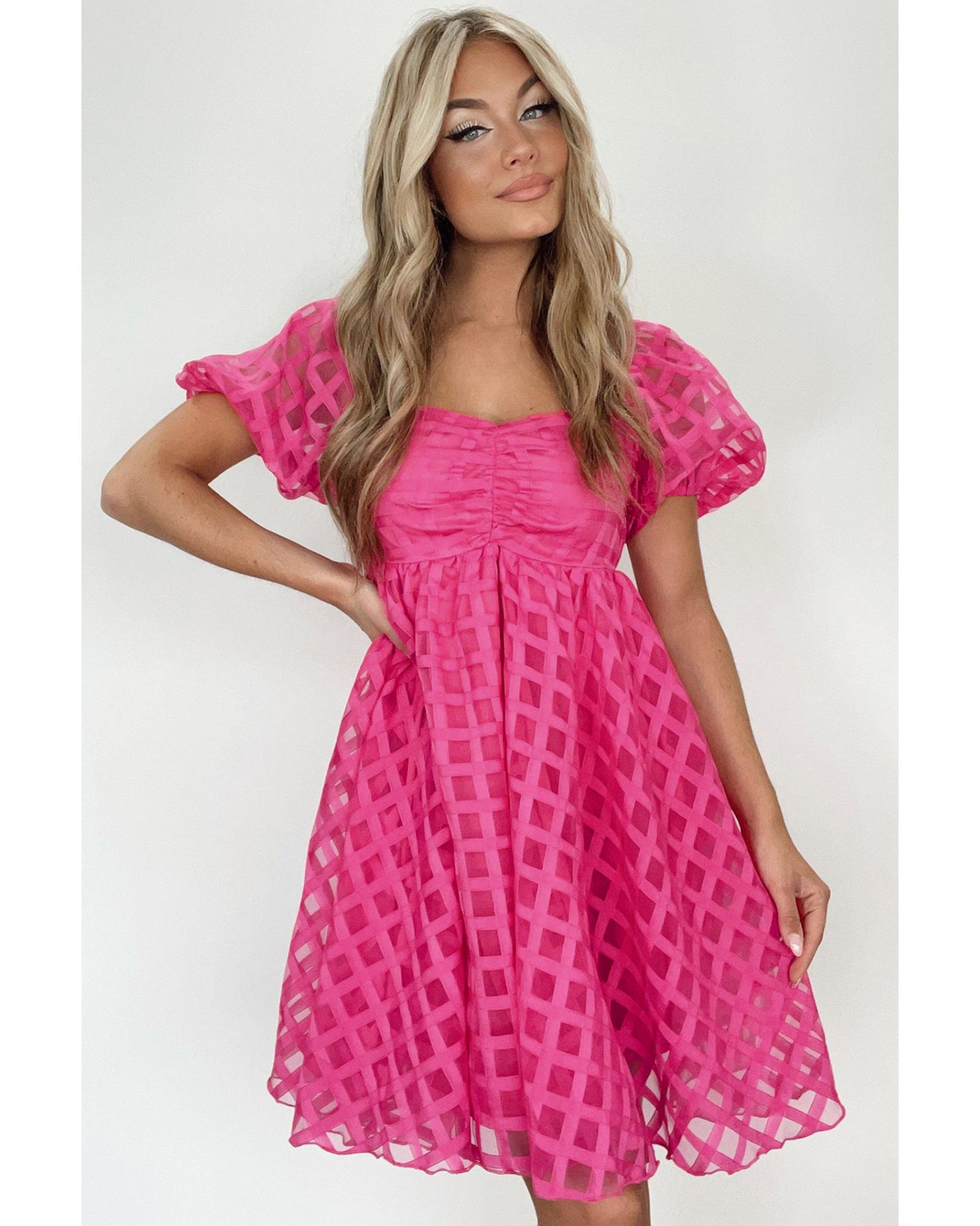 Strawberry Pink Checkered Puff Sleeve Babydoll Dress - XL