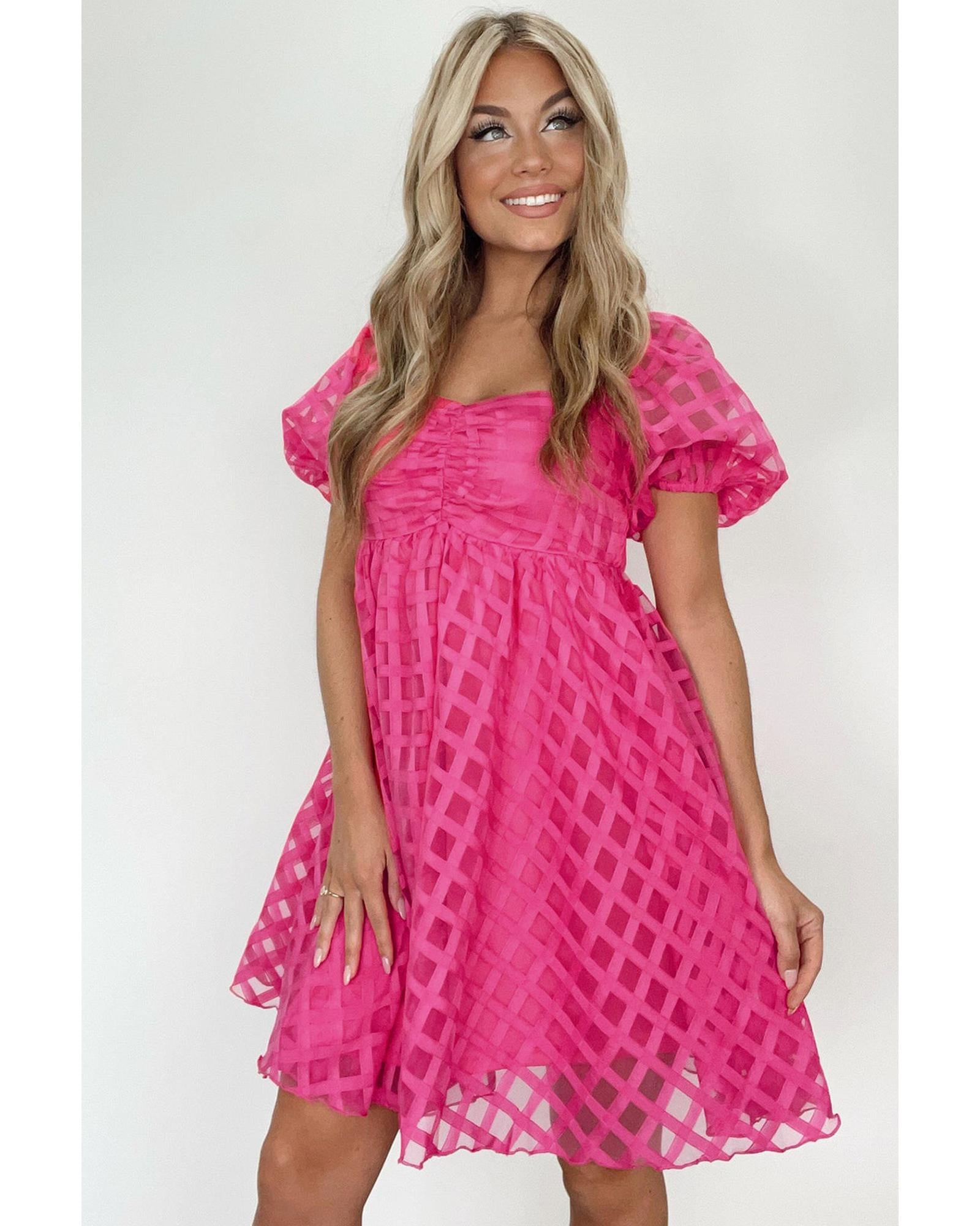 Strawberry Pink Checkered Puff Sleeve Babydoll Dress - XL 3