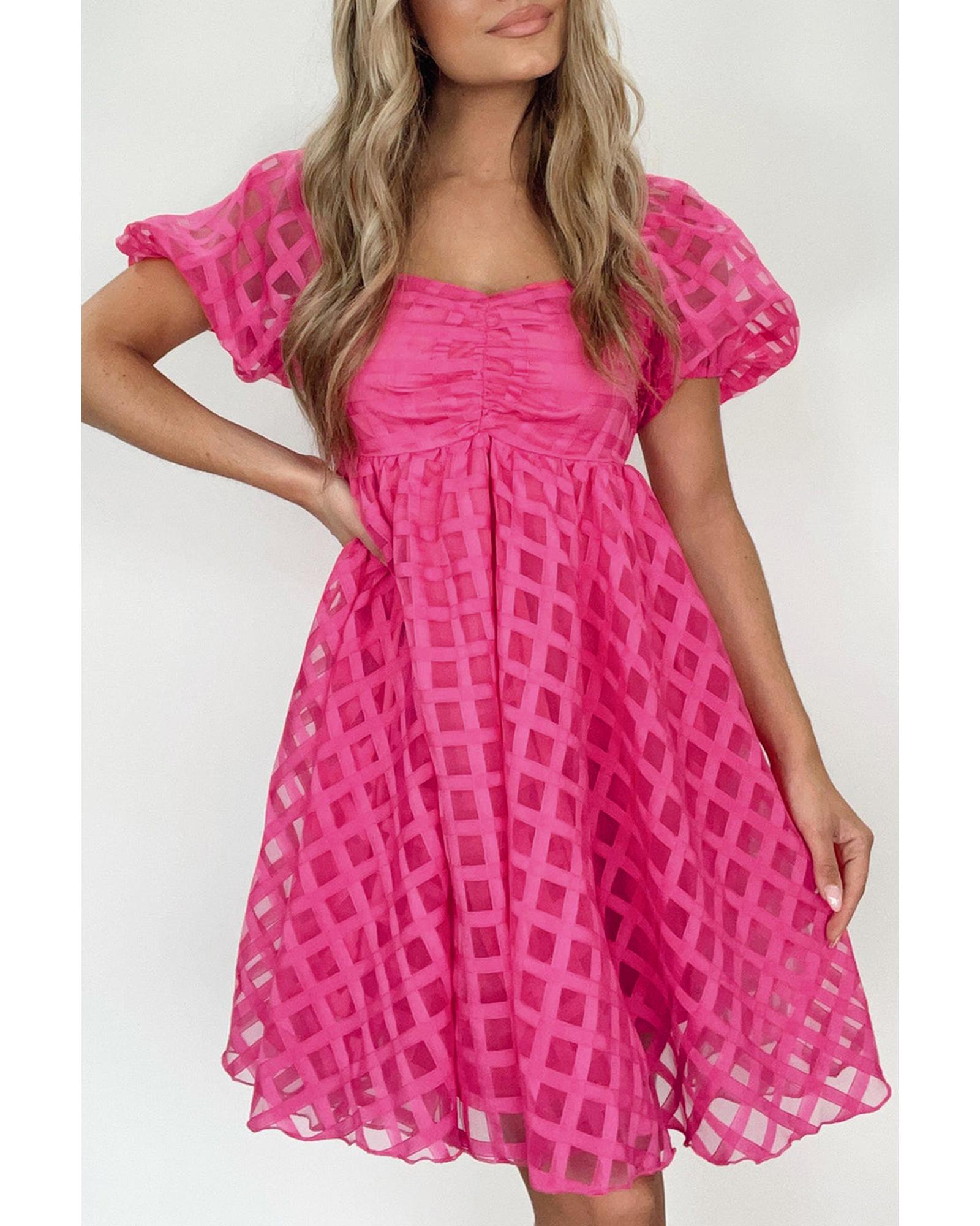 Strawberry Pink Checkered Puff Sleeve Babydoll Dress - XL 4