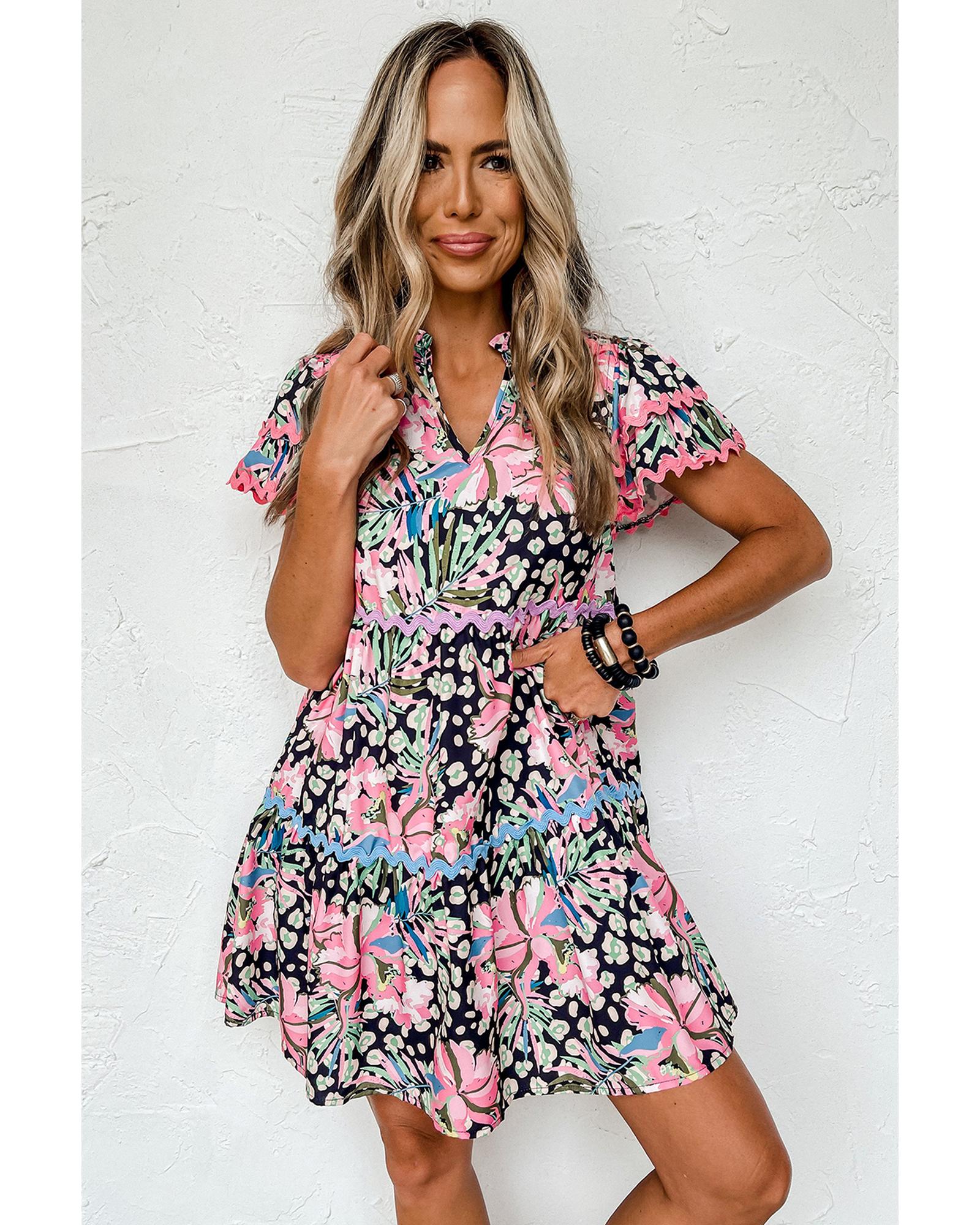 Pink Leopard Floral Print Wavy Embellished Mini Dress - S