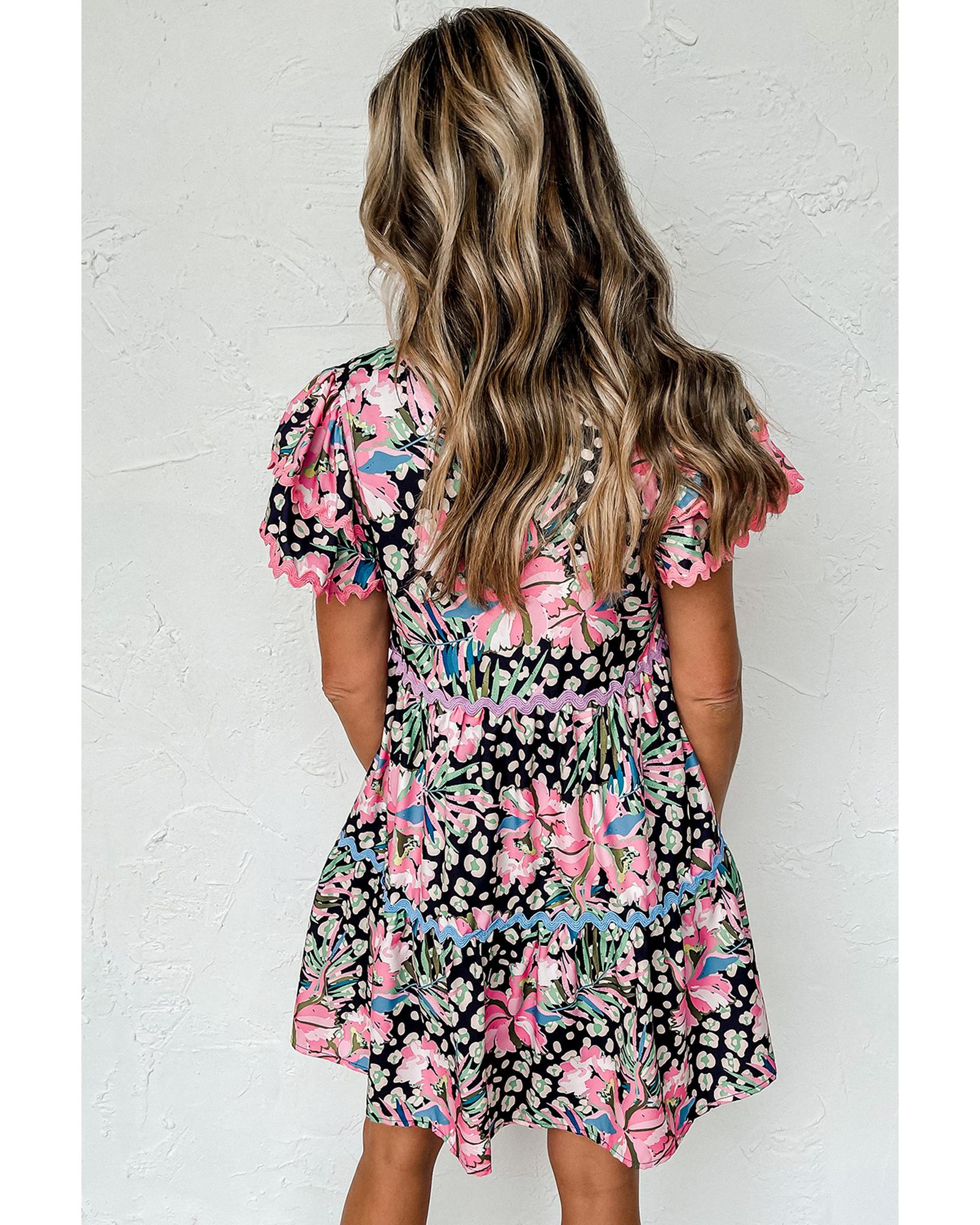 Pink Leopard Floral Print Wavy Embellished Mini Dress - S 3
