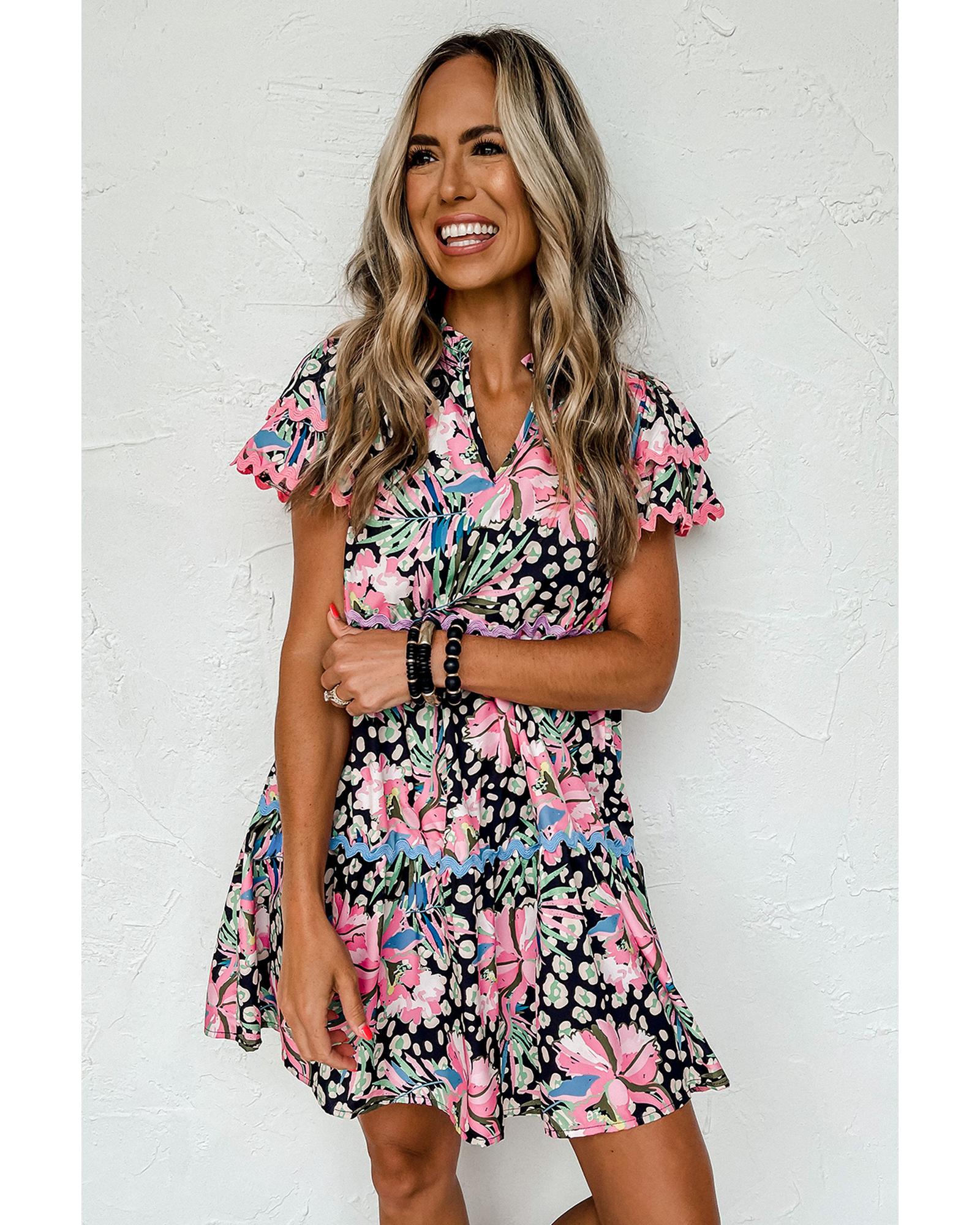 Pink Leopard Floral Print Wavy Embellished Mini Dress - S 4