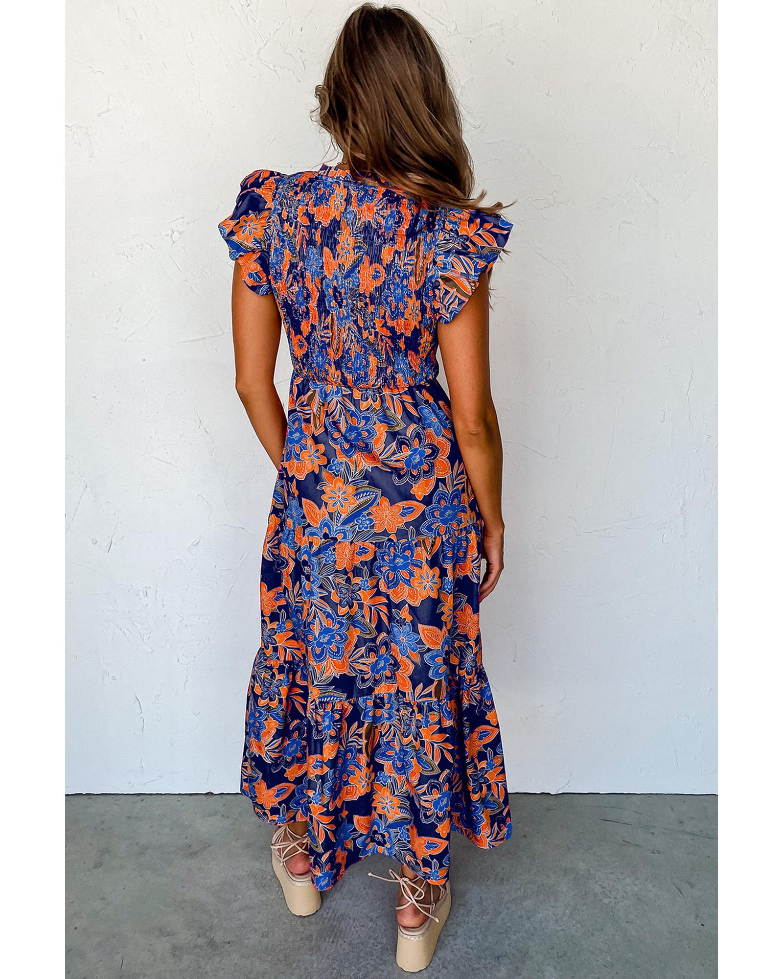 Dark Blue Boho Floral V Neck Ruffle Tiered Long Dress - S