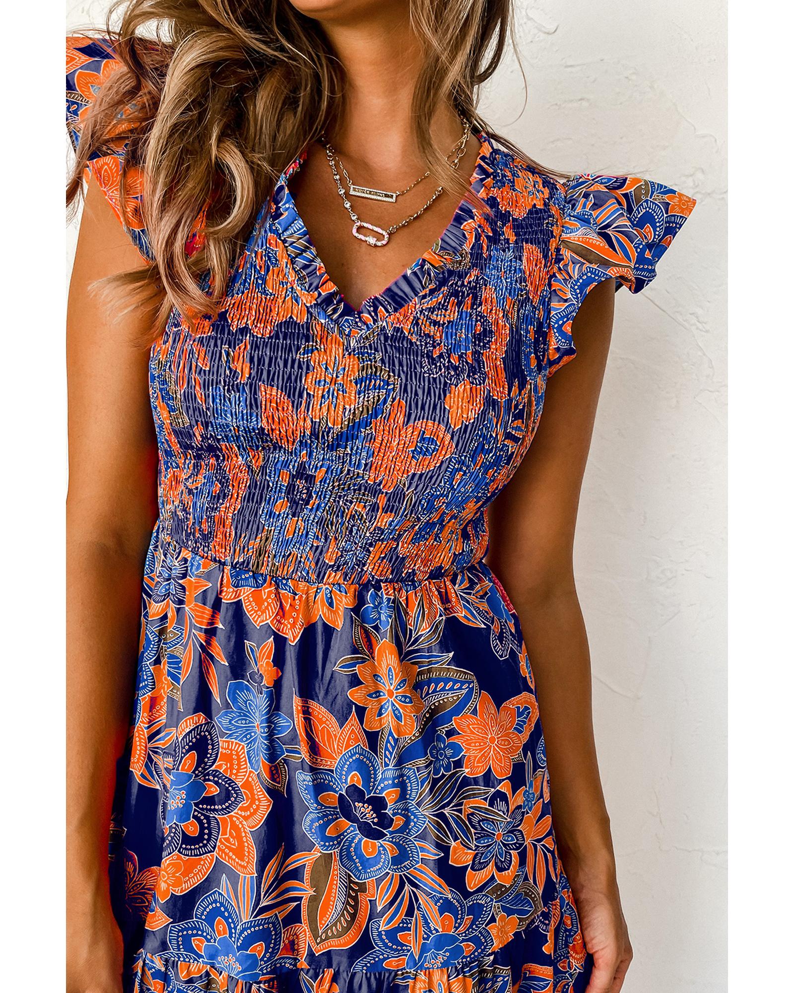 Dark Blue Boho Floral V Neck Ruffle Tiered Long Dress - S 3