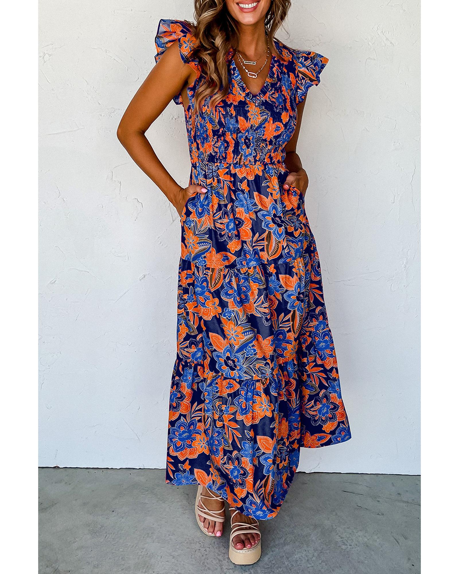 Dark Blue Boho Floral V Neck Ruffle Tiered Long Dress - S 4