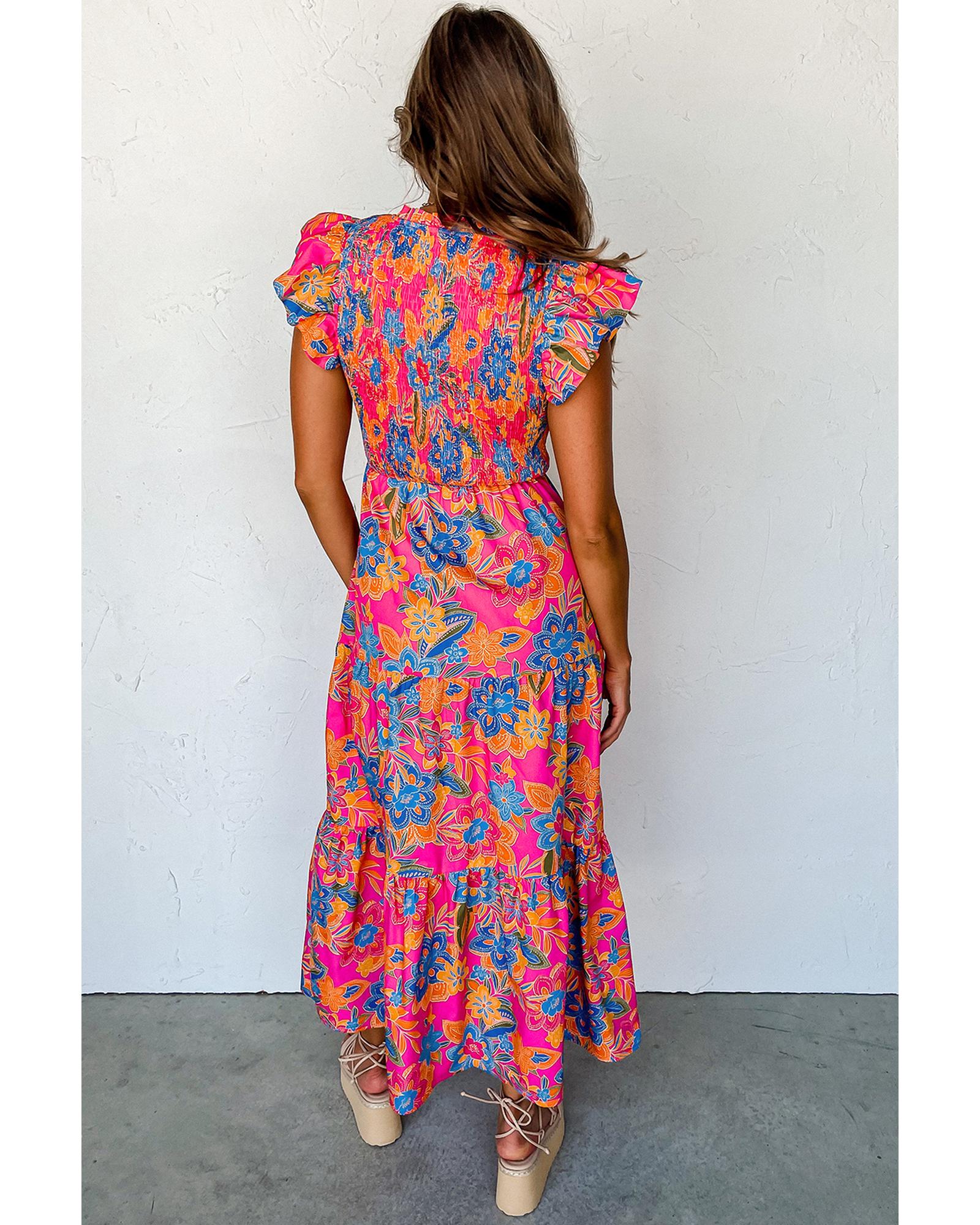 Rose Red Boho Floral V Neck Ruffle Tiered Long Dress - L