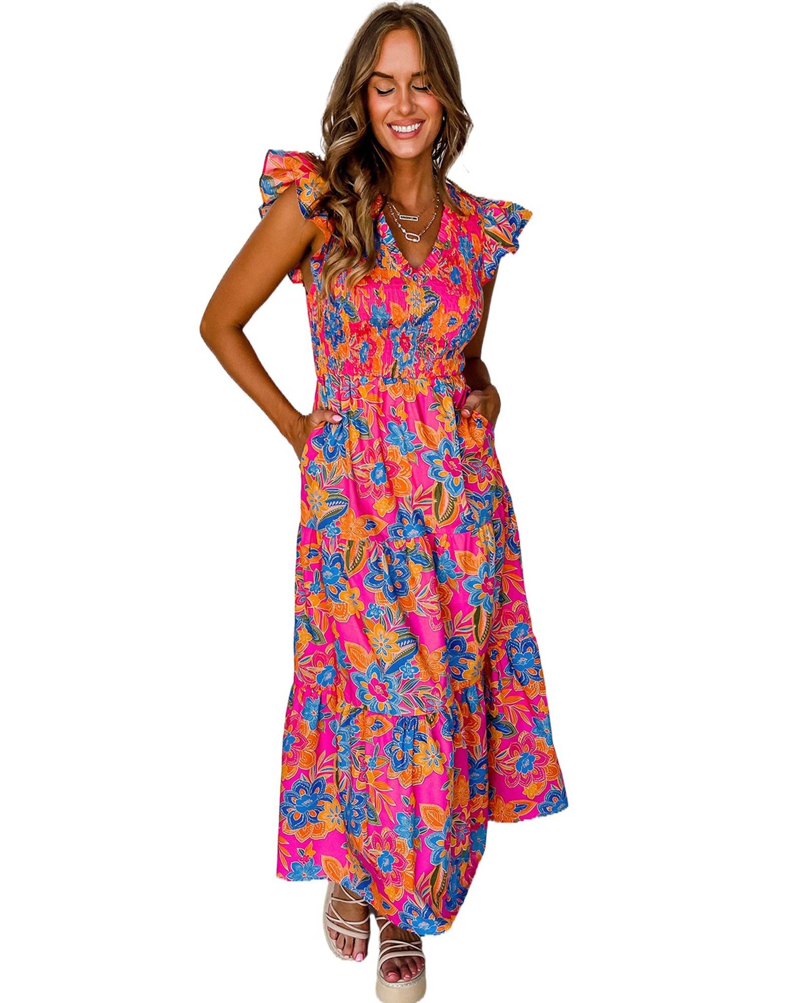 Rose Red Boho Floral V Neck Ruffle Tiered Long Dress - L 7
