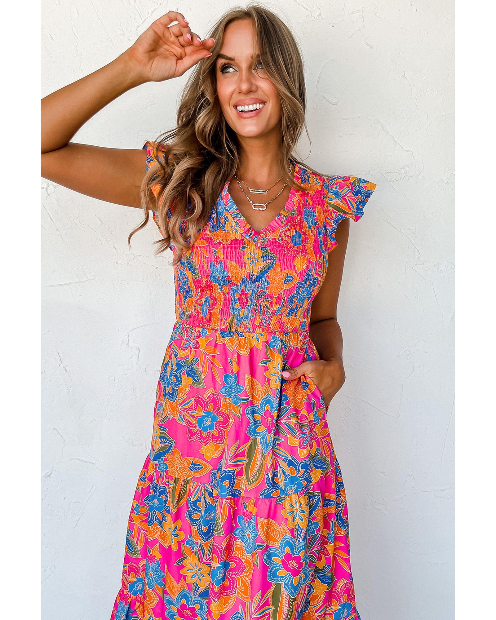 Rose Red Boho Floral V Neck Ruffle Tiered Long Dress - M 6