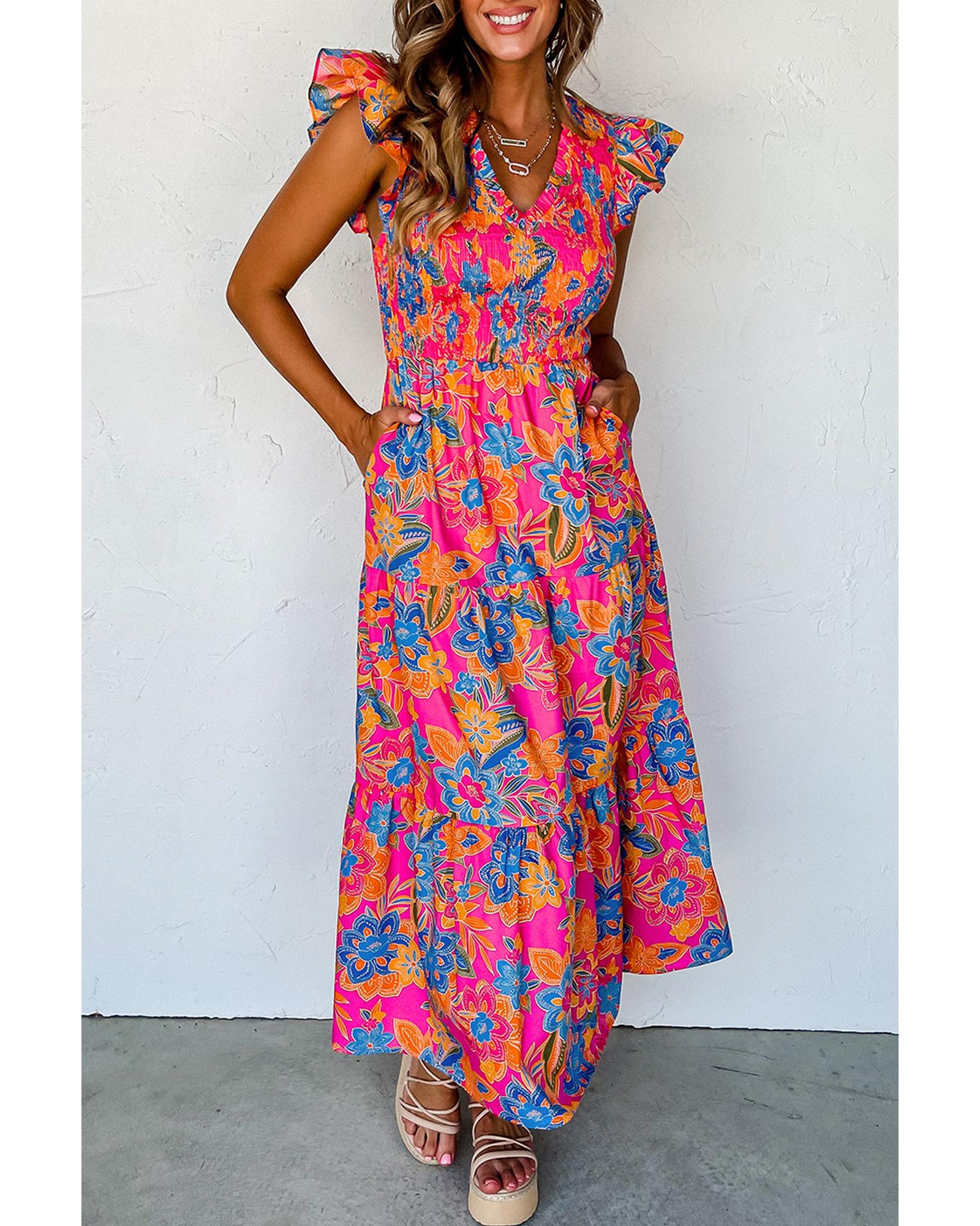 Rose Red Boho Floral V Neck Ruffle Tiered Long Dress - S 3