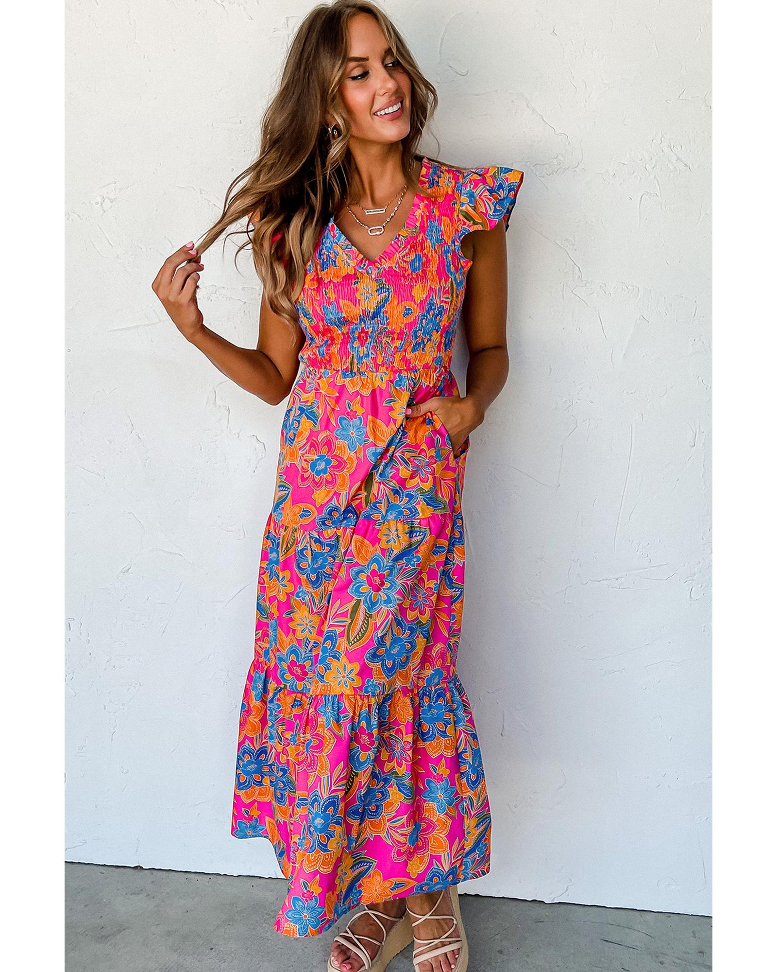 Rose Red Boho Floral V Neck Ruffle Tiered Long Dress - S 6