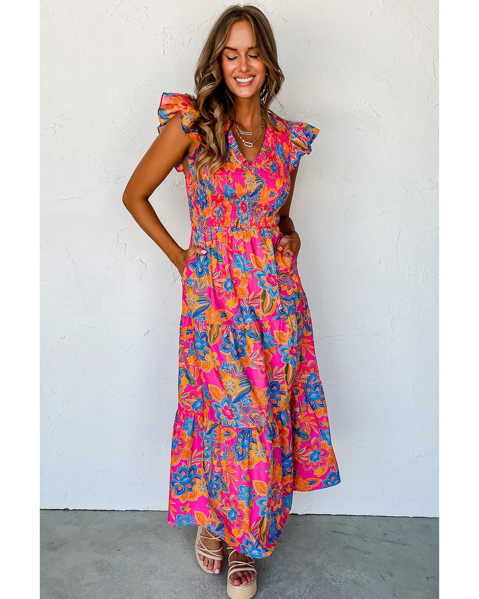 Rose Red Boho Floral V Neck Ruffle Tiered Long Dress - S 8