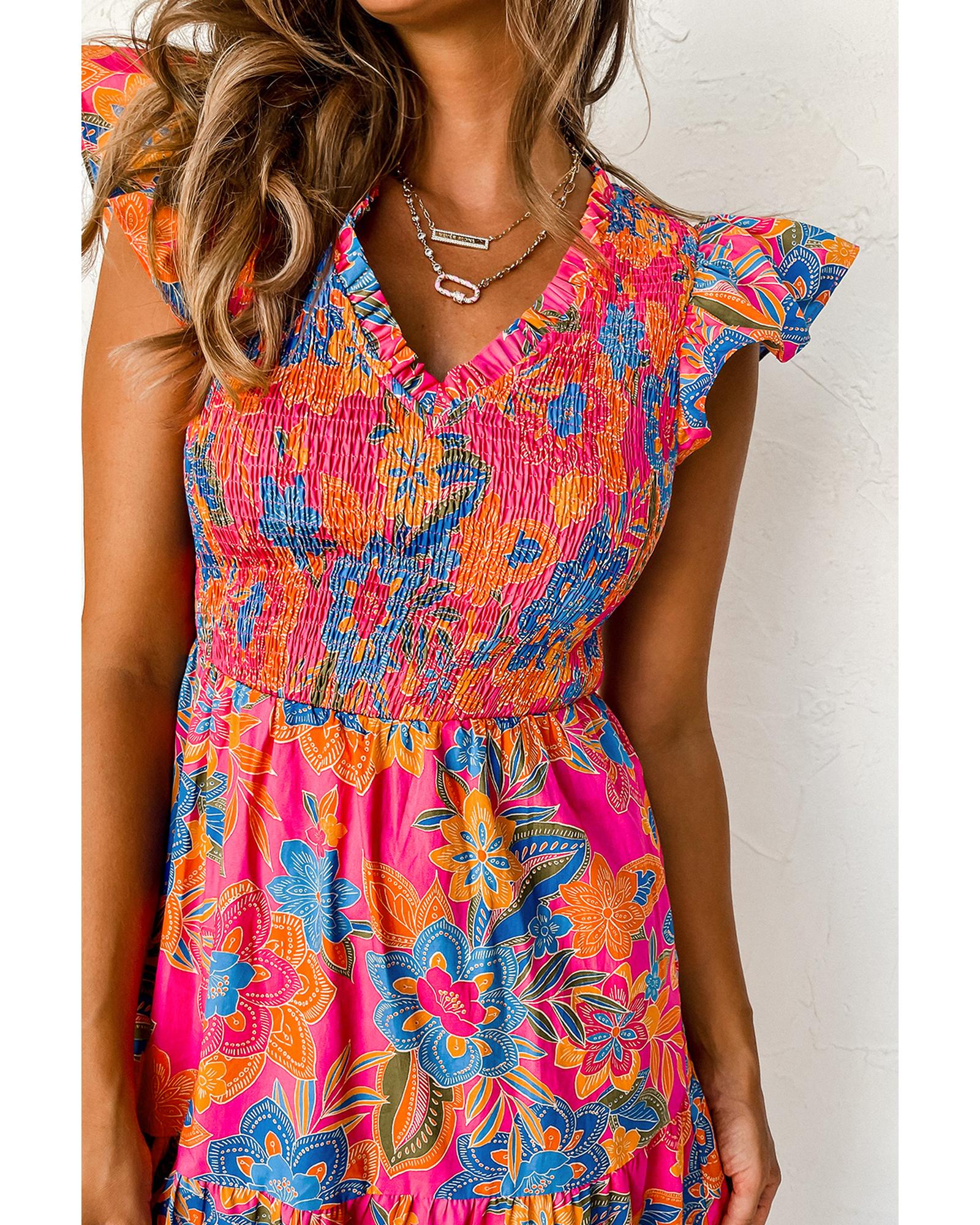 Rose Red Boho Floral V Neck Ruffle Tiered Long Dress - XL 3