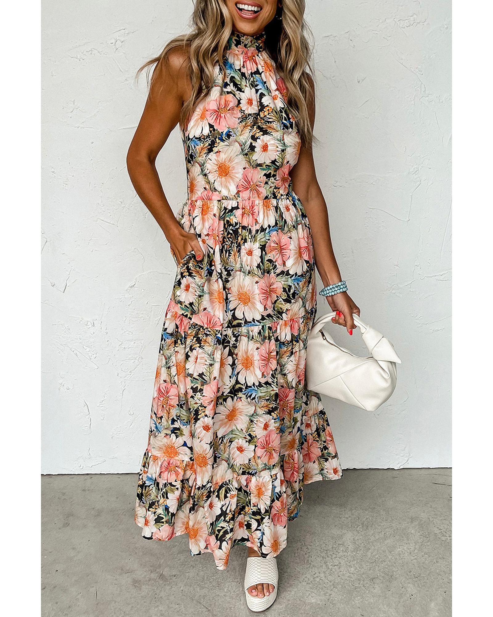 Black Boho Floral Print Knotted Halter Ruffled Maxi Dress - L 7