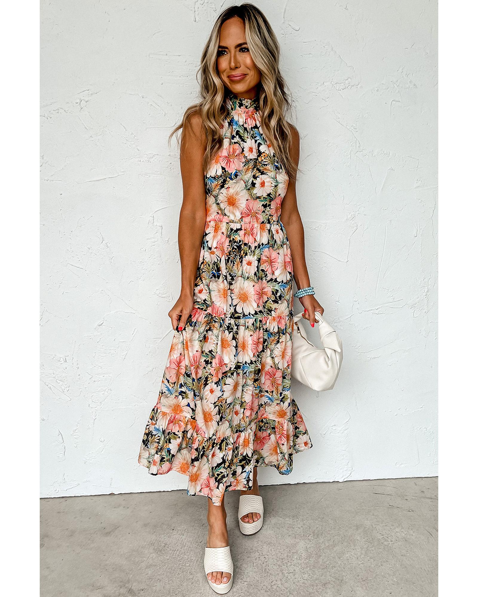 Black Boho Floral Print Knotted Halter Ruffled Maxi Dress - XL