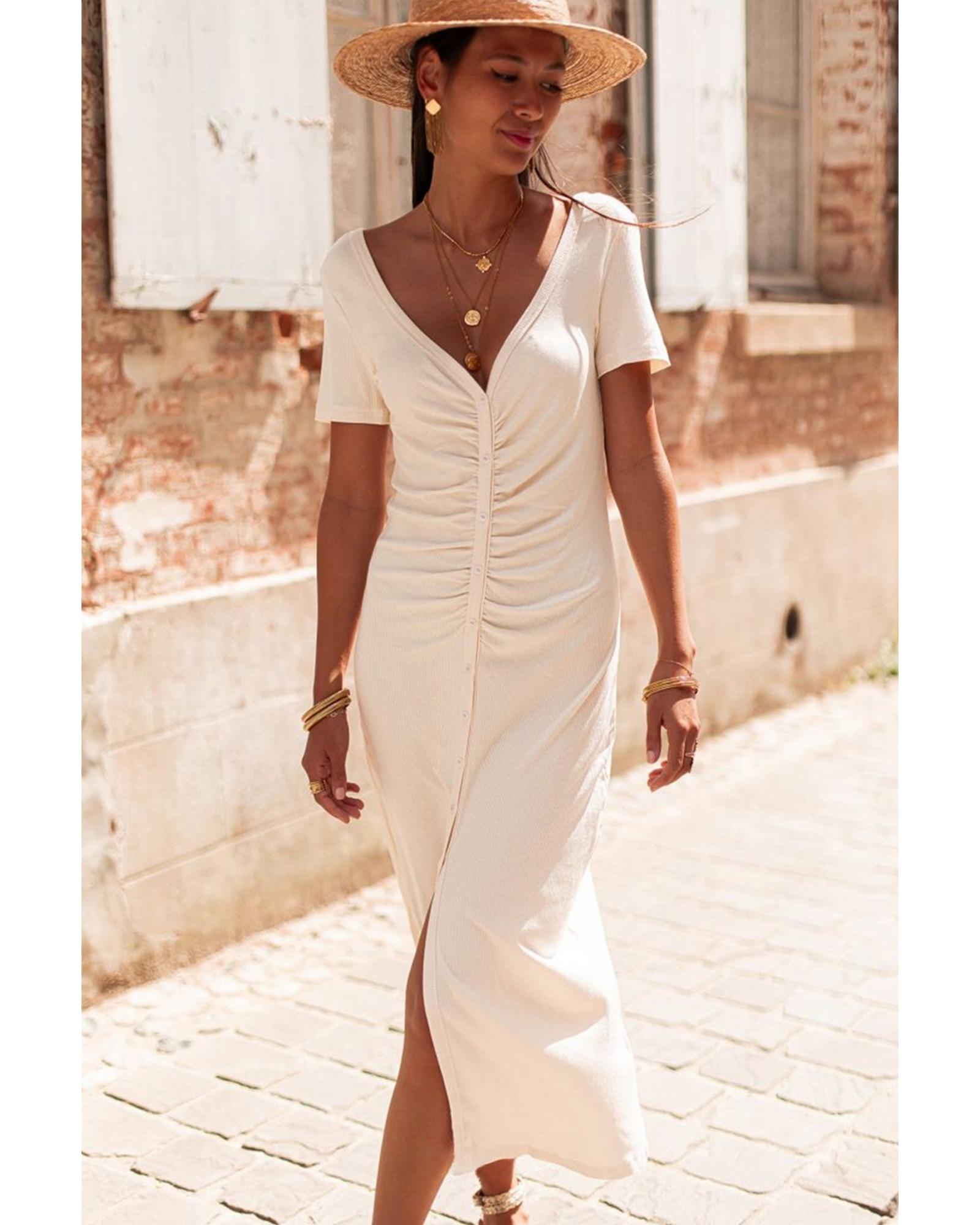 Beige V Neck Ruched Button Front French T-shirt Dress - L 6