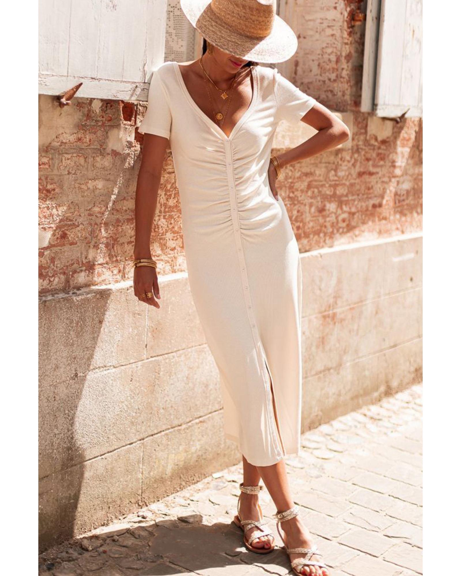 Beige V Neck Ruched Button Front French T-shirt Dress - M
