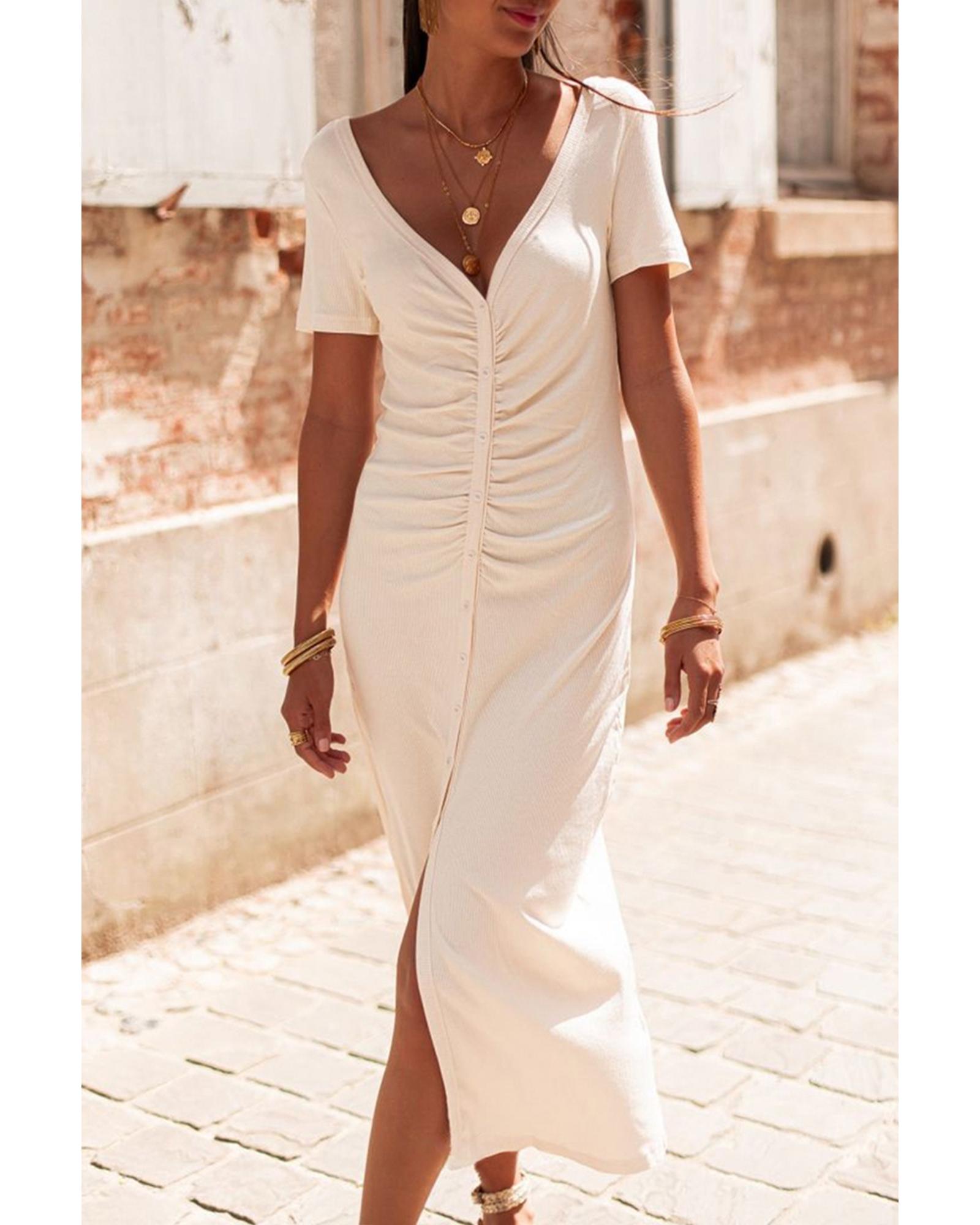 Beige V Neck Ruched Button Front French T-shirt Dress - S