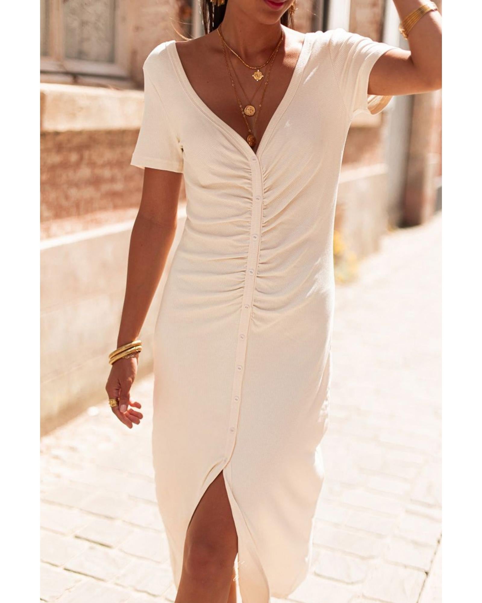 Beige V Neck Ruched Button Front French T-shirt Dress - XL 3