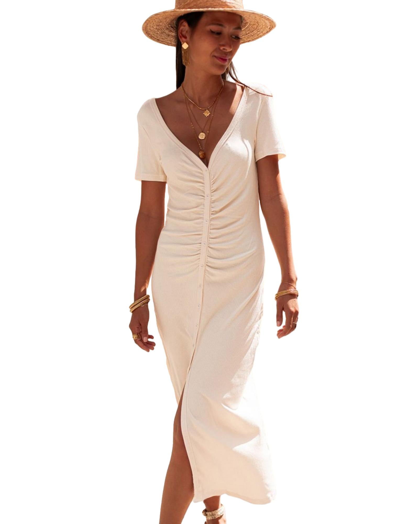 Beige V Neck Ruched Button Front French T-shirt Dress - XL 5