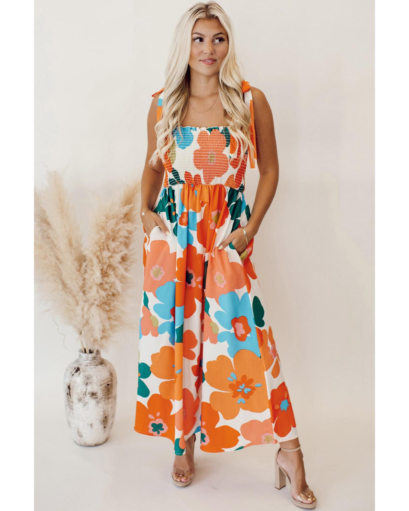Orange Floral Self Tied Straps Smocked Bust Maxi Dress - L