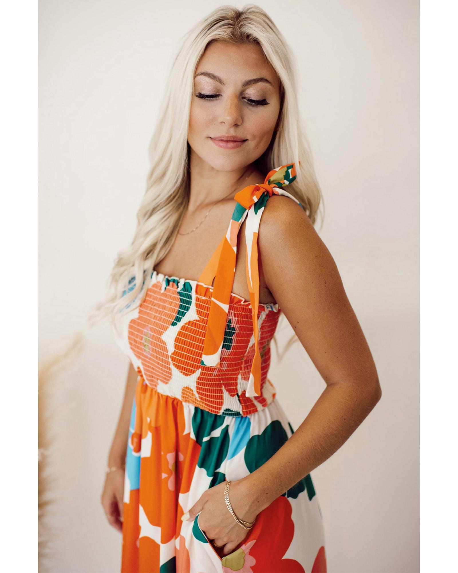 Orange Floral Self Tied Straps Smocked Bust Maxi Dress - L 4
