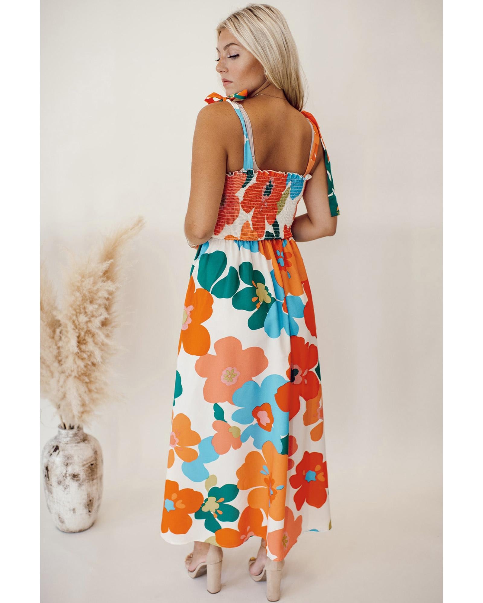 Orange Floral Self Tied Straps Smocked Bust Maxi Dress - L 5