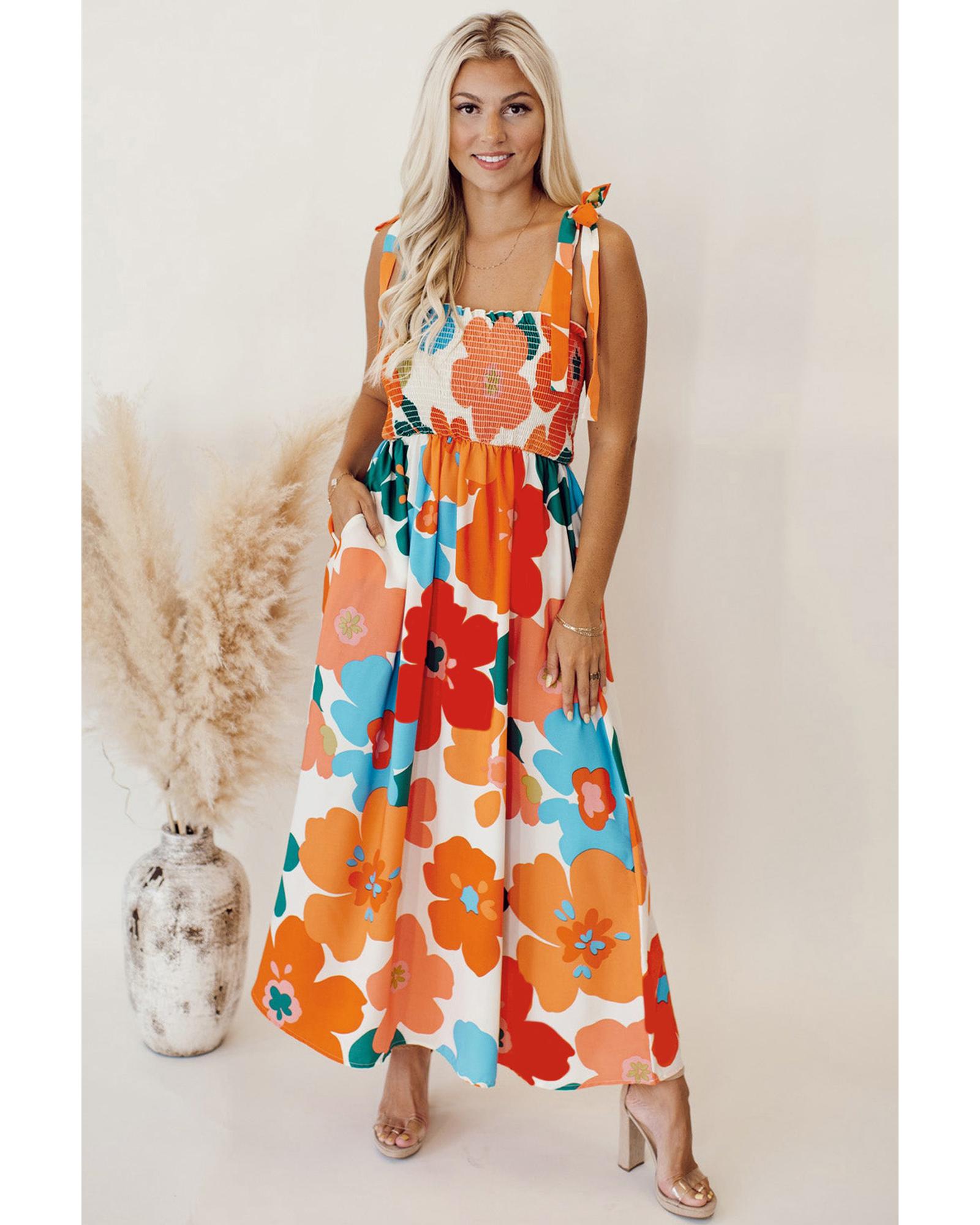 Orange Floral Self Tied Straps Smocked Bust Maxi Dress - M 3